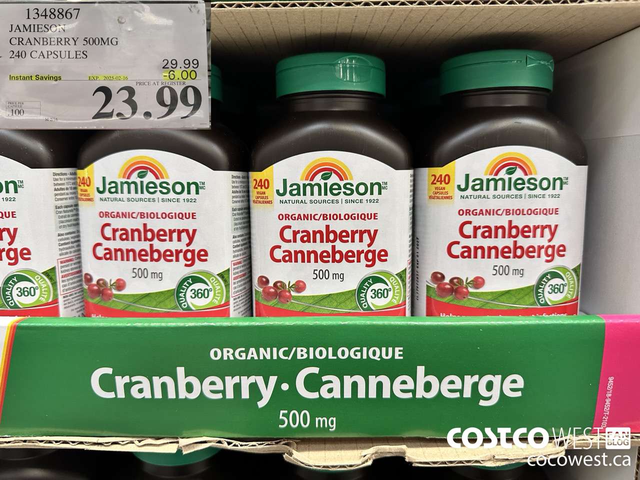 1348867 JAMIESON CRANBERRY 500MG 240 CAPSULES ($6.00 INSTANT SAVINGS EXPIRES ON 2025-02-16) $23.99