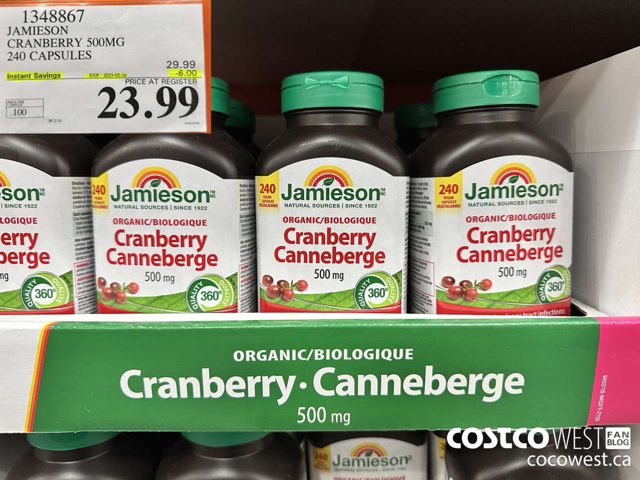 1348867 JAMIESON CRANBERRY 500MG 240 CAPSULES ($6.00 INSTANT SAVINGS EXPIRES ON 2025-02-16) $23.99