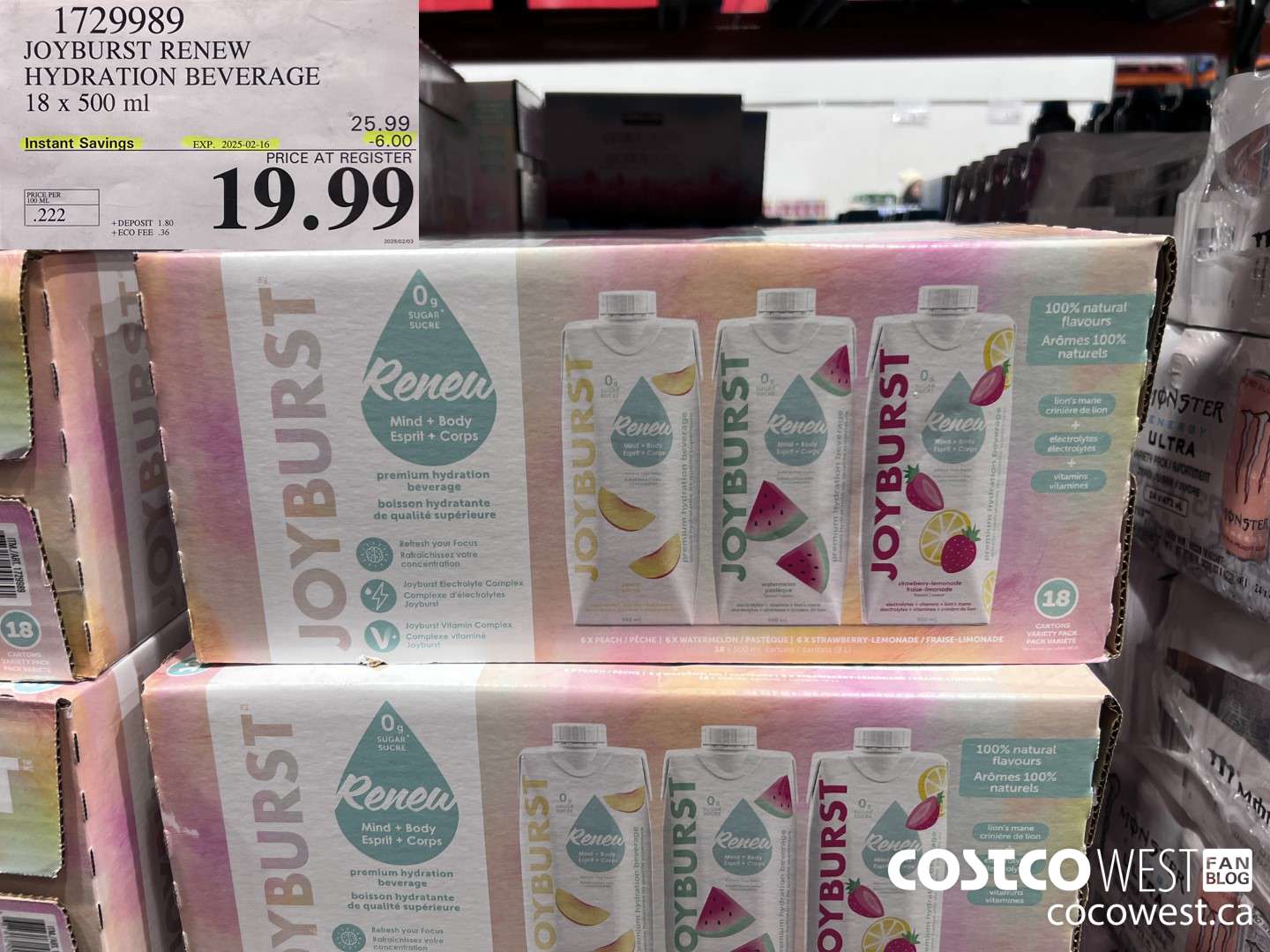 1729989 JOYBURST RENEW HYDRATION BEVERAGE 18 X 500 ML ($6.00 INSTANT SAVINGS EXPIRES ON 2025-02-16) $19.99