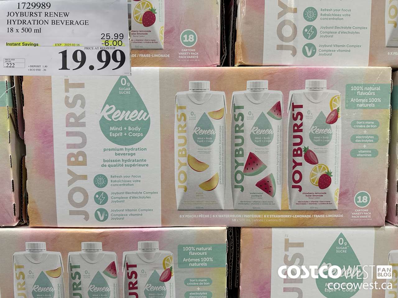 1729989 JOYBURST RENEW HYDRATION BEVERAGE 18 X 500 ML ($6.00 INSTANT SAVINGS EXPIRES ON 2025-02-16) $19.99