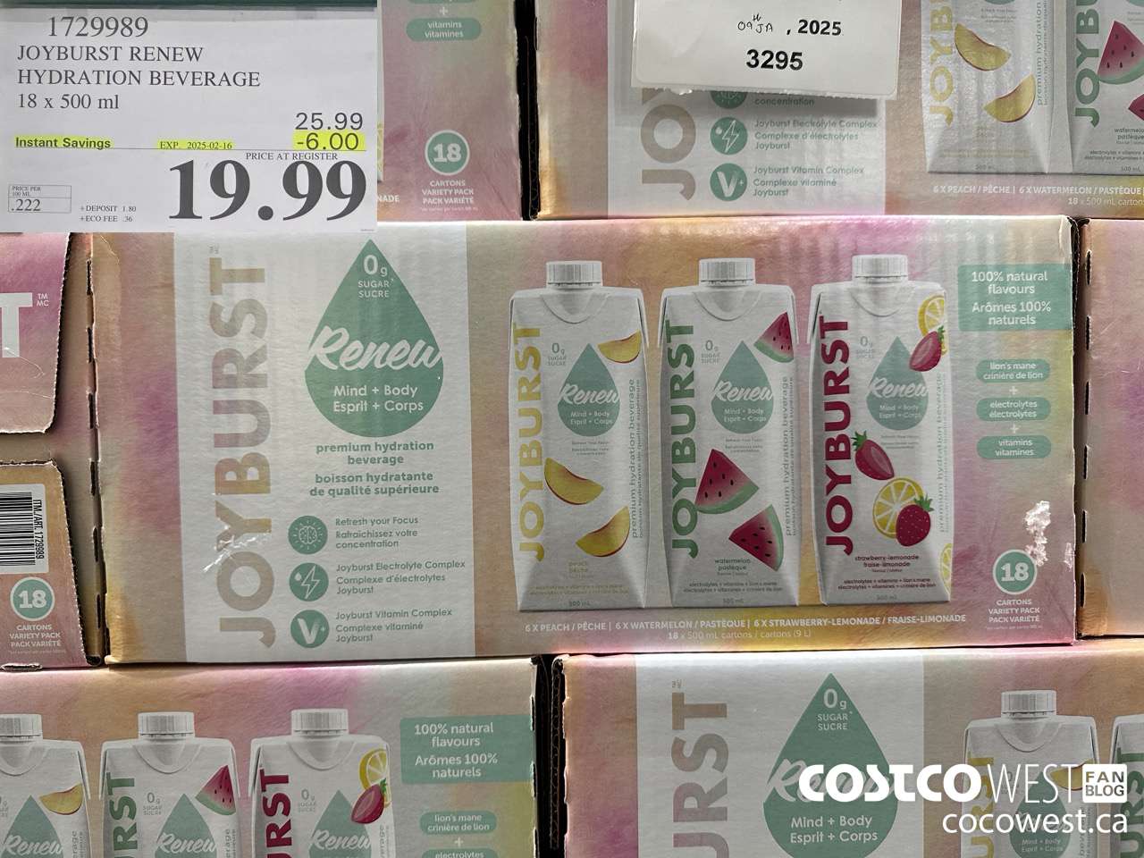 1729989 JOYBURST RENEW HYDRATION BEVERAGE 18 X 500 ML ($6.00 INSTANT SAVINGS EXPIRES ON 2025-02-16) $19.99