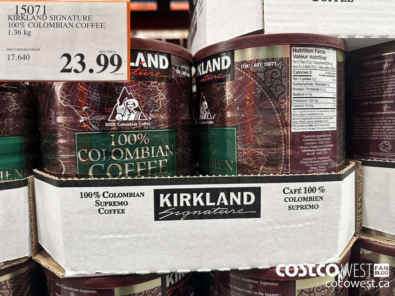 15071 KIRKLAND SIGNATURE 100% COLOMBIAN COFFEE 1.36 KG $23.99