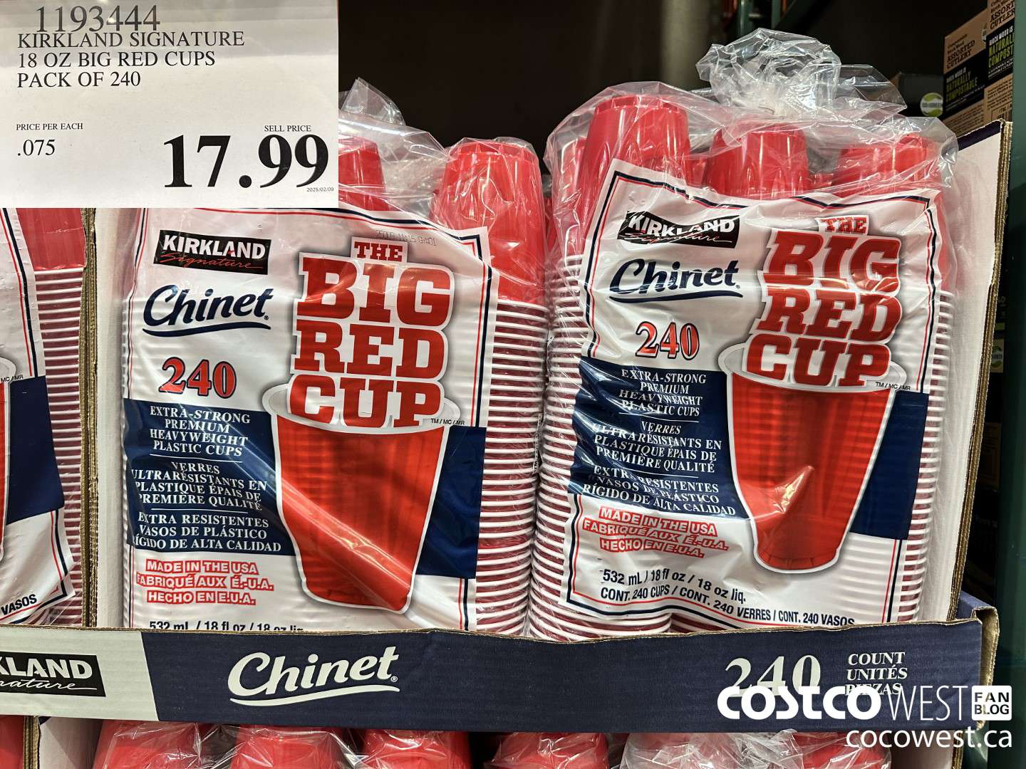 1193444 KIRKLAND SIGNATURE 18 OZ BIG RED CUPS PACK OF 240 $17.49