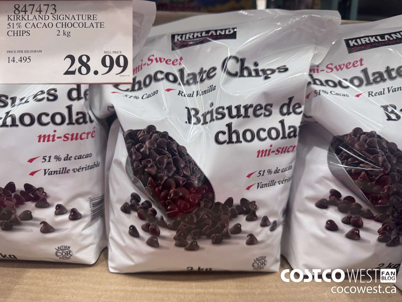 847473 KIRKLAND SIGNATURE 51% CACAO CHOCOLATE CHIPS 2 kg $28.99