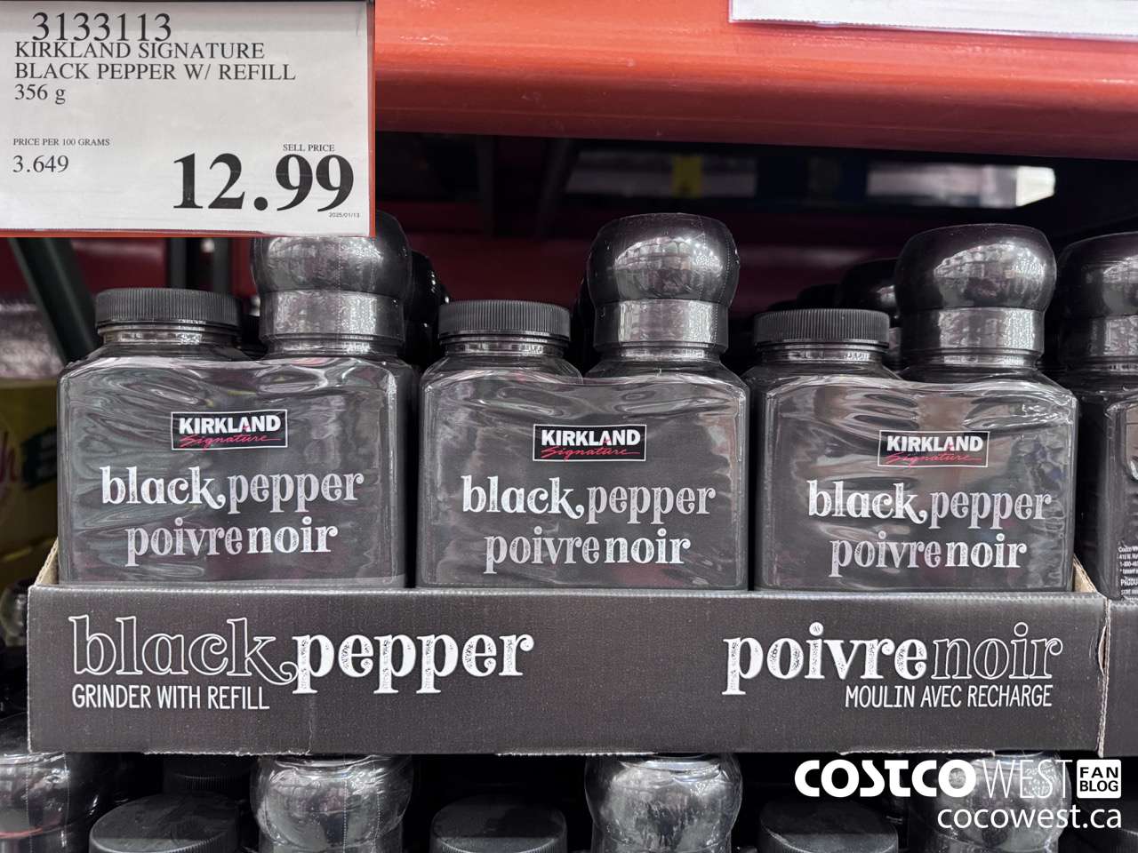 3133113 KIRKLAND SIGNATURE BLACK PEPPER GRINDER W/ REFILL 356 g $12.99