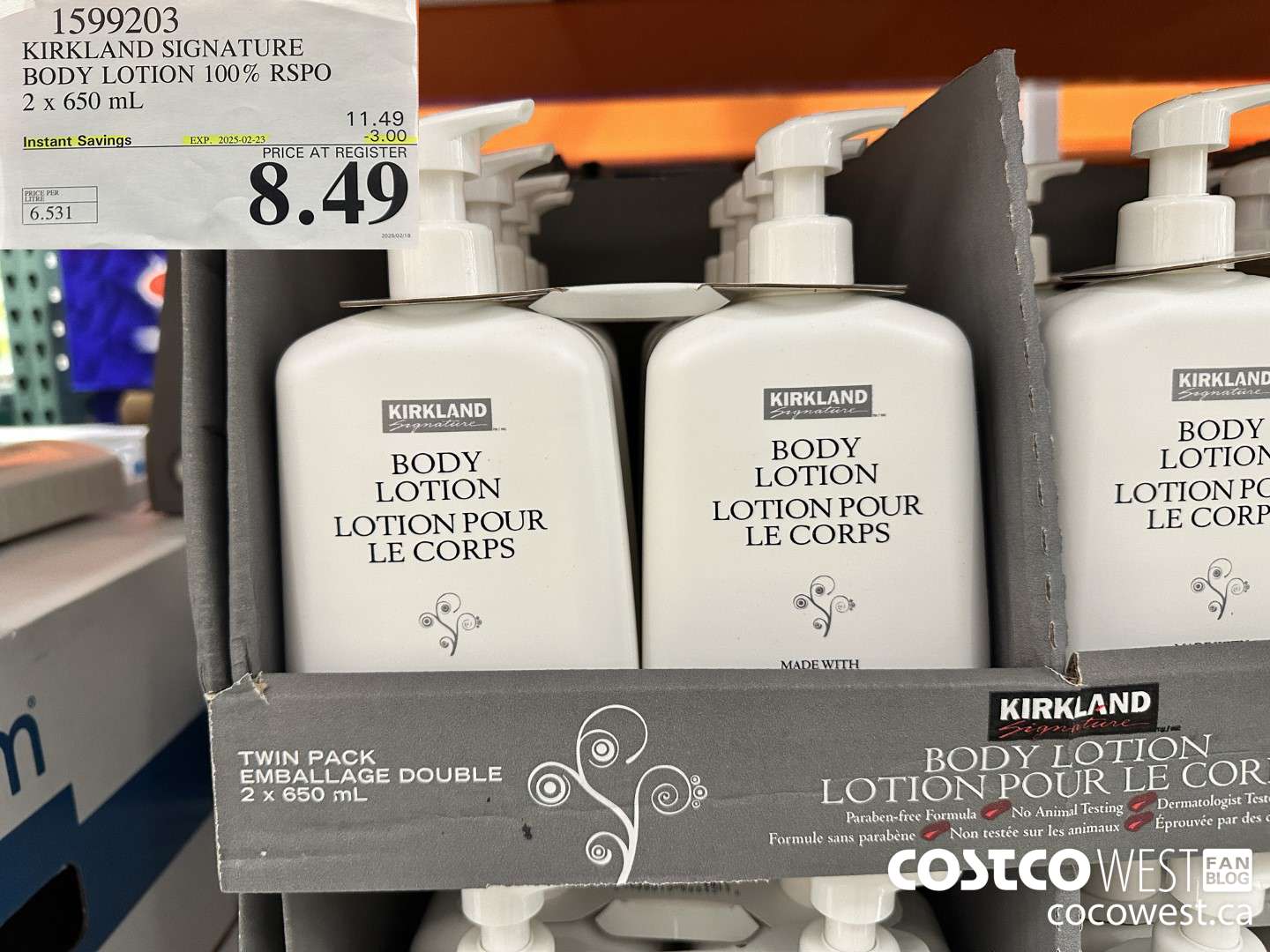 1599203 KIRKLAND SIGNATURE BODY LOTION 100% RSPO 2 X 650 ML ($3.00 INSTANT SAVINGS EXPIRES ON 2025-02-23) $8.49