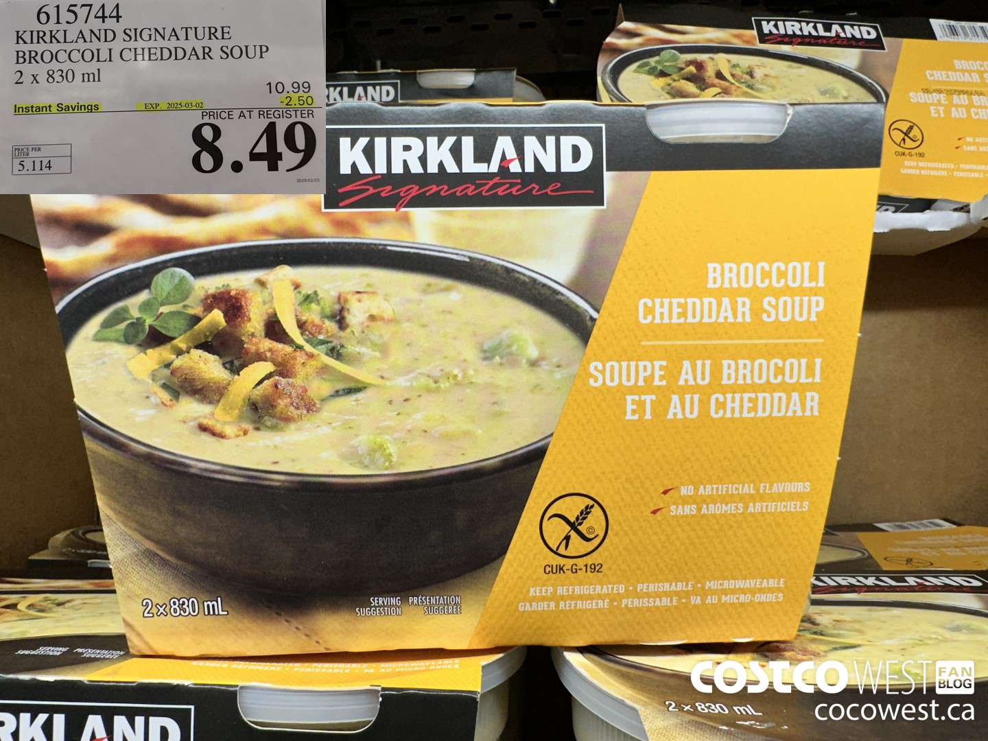 615744 KIRKLAND SIGNATURE BROCCOLI CHEDDAR SOUP 2 X 830ML ($2.50 INSTANT SAVINGS EXPIRES ON 2025-03-02) $8.49