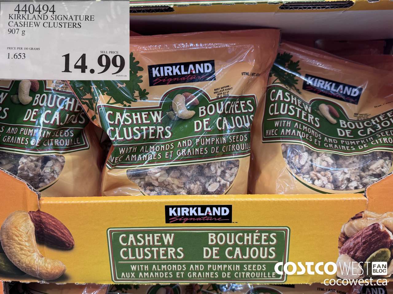 440494 KIRKLAND SIGNATURE CASHEW CLUSTERS 907 G $14.99