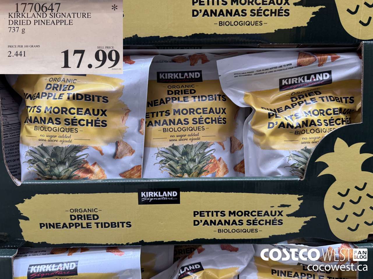 1770647 KIRKLAND SIGNATURE DRIED PINEAPPLE 737G $17.99