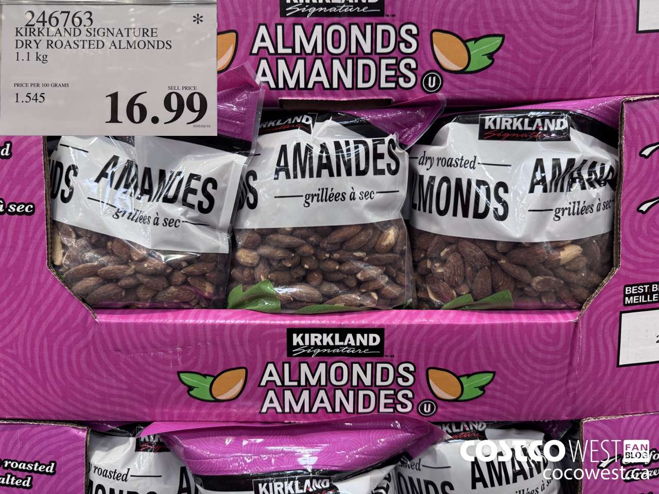 246763 KIRKLAND SIGNATURE DRY ROASTED ALMONDS 1.1 KG $16.99