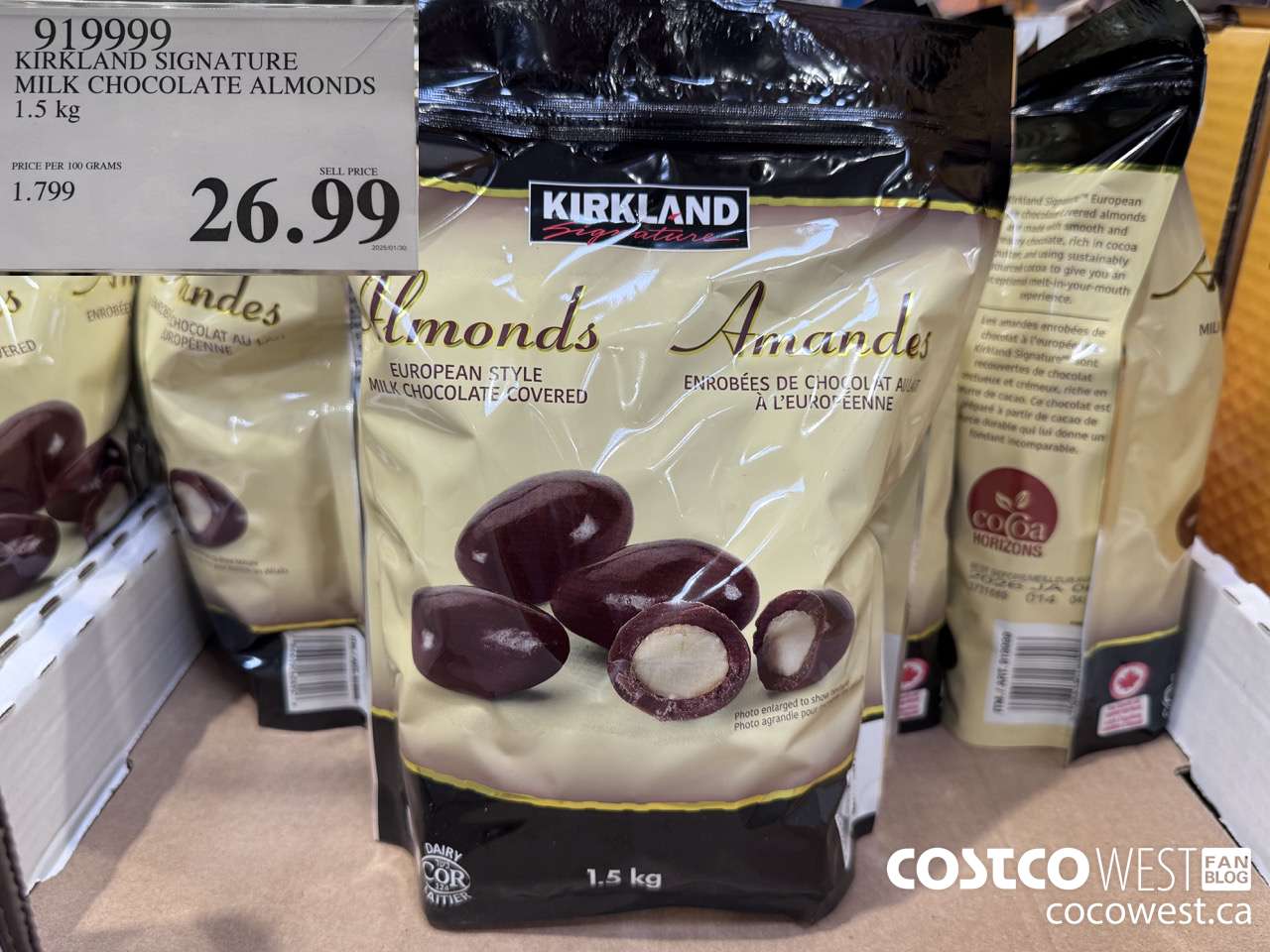919999 KIRKLAND SIGNATURE MILK CHOCOLATE ALMONDS 1.5KG $26.99
