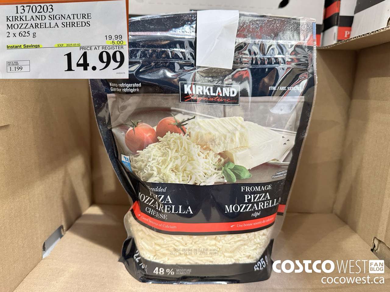 1370203 KIRKLAND SIGNATURE MOZZARELLA SHREDS 2 X 625 G ($5.00 INSTANT SAVINGS EXPIRES ON 2025-03-02) $14.99