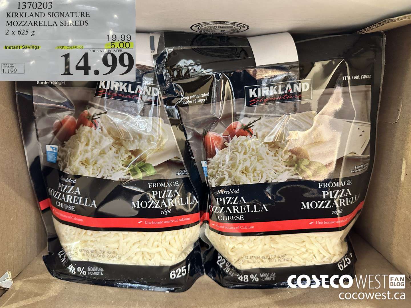 1370203 KIRKLAND SIGNATURE MOZZARELLA SHREDS 2 X 625 G ($5.00 INSTANT SAVINGS EXPIRES ON 2025-03-02) $14.99
