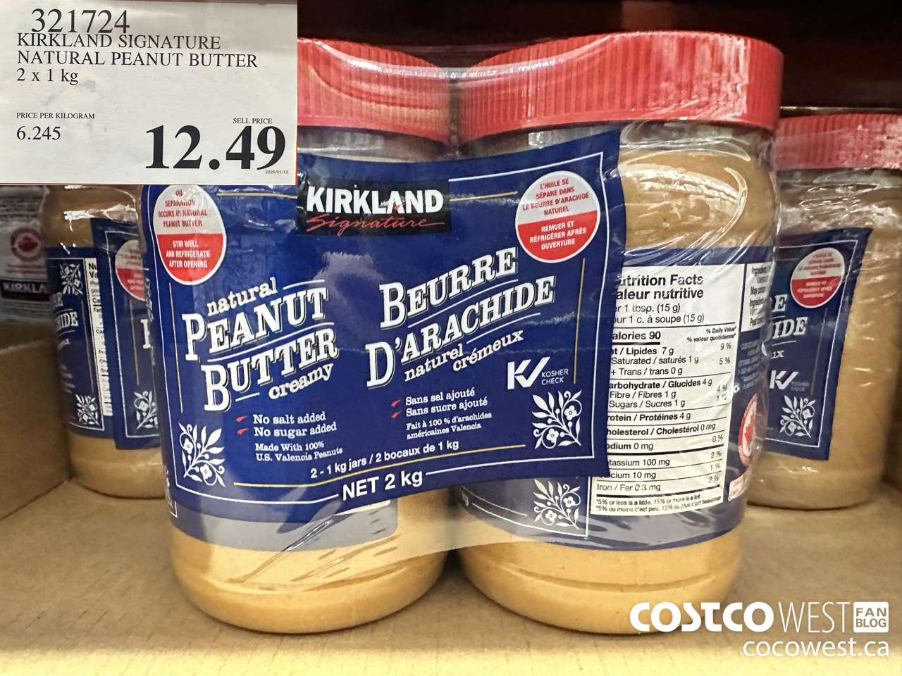 321724 KIRKLAND SIGNATURE NATURAL PEANUT BUTTER 2 x 1 kg $12.49