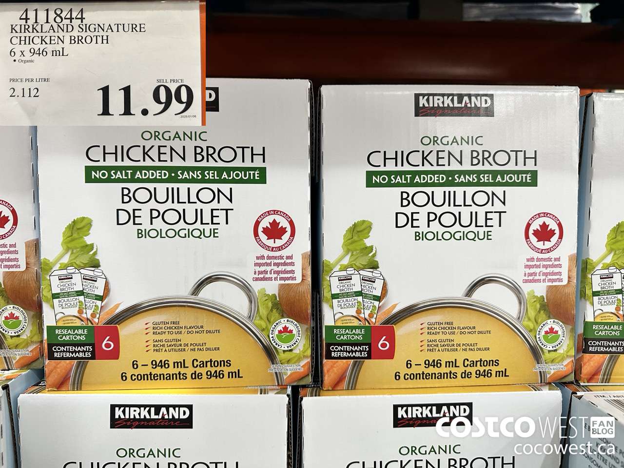 411844 KIRKLAND SIGNATURE ORGANIC CHICKEN BROTH 6 x 946 mL $11.99