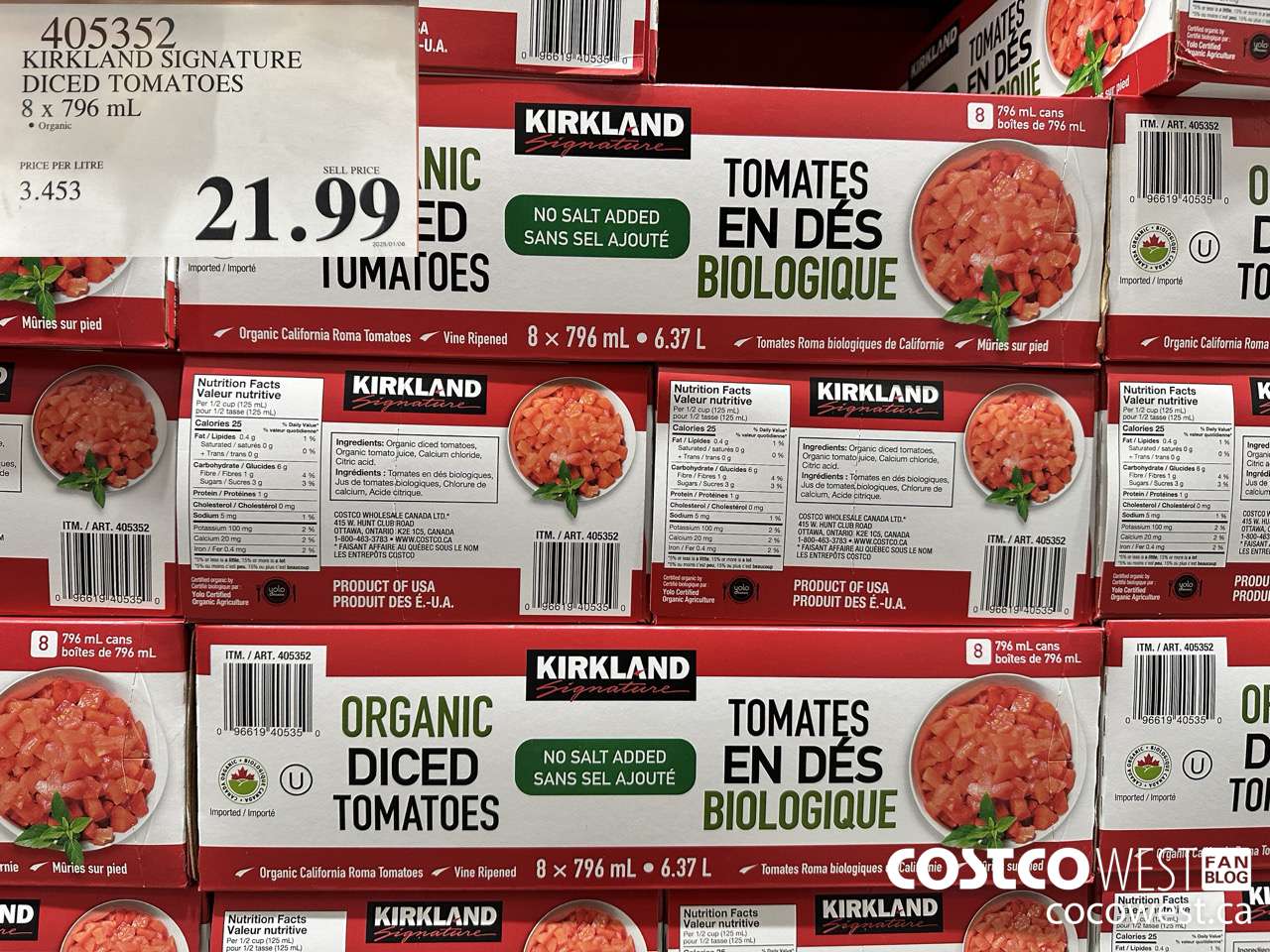 405352 KIRKLAND SIGNATURE ORGANIC DICED TOMATOES 8 X 796 mL $21.99