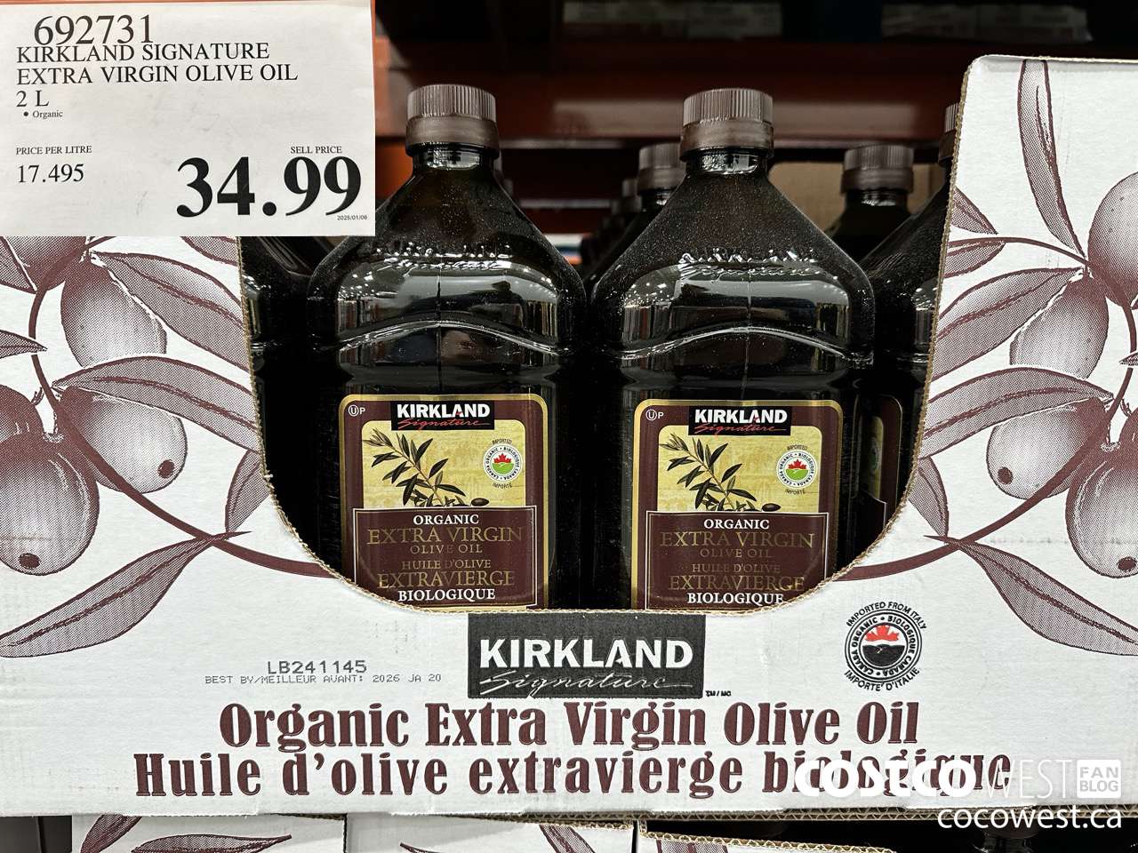 692731 KIRKLAND SIGNATURE ORGANIC EXTRA VIRGIN OLIVE OIL 2 L $34.99