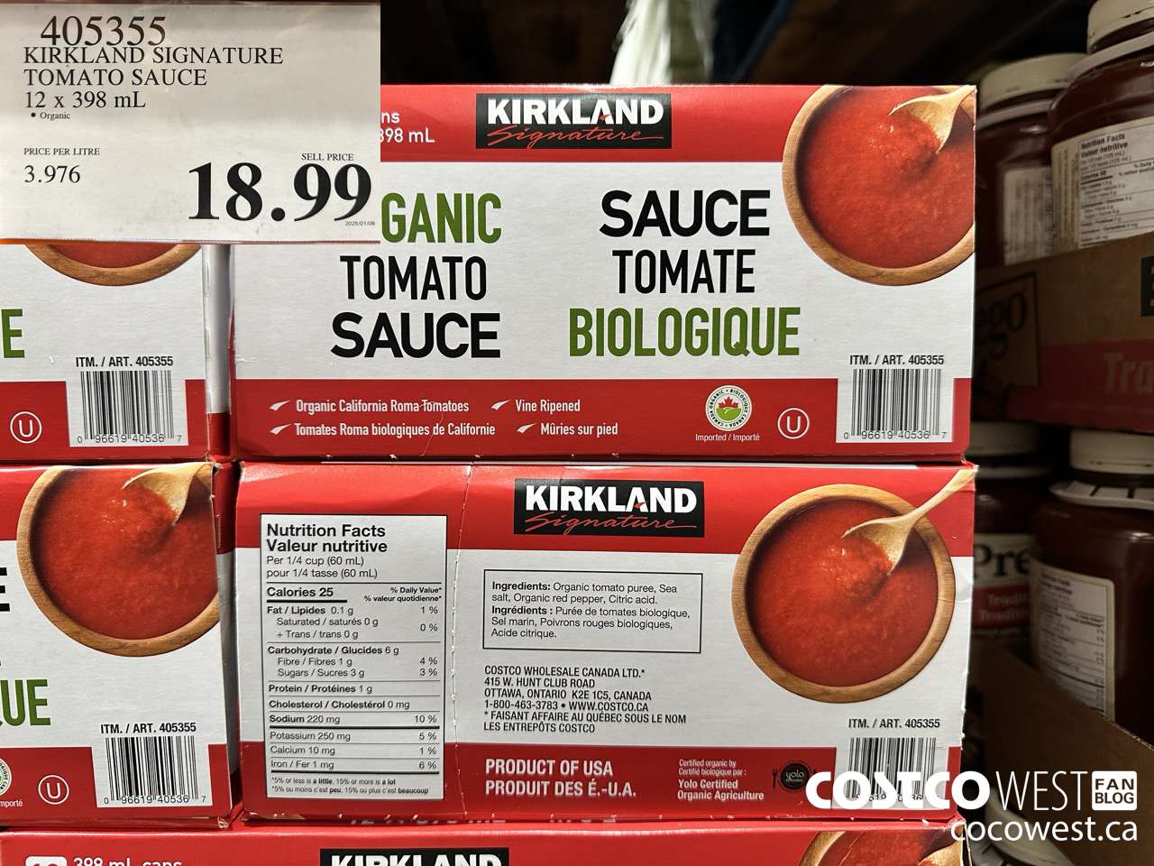 405355 KIRKLAND SIGNATURE ORGANIC TOMATO SAUCE 12 x 398 mL $18.99