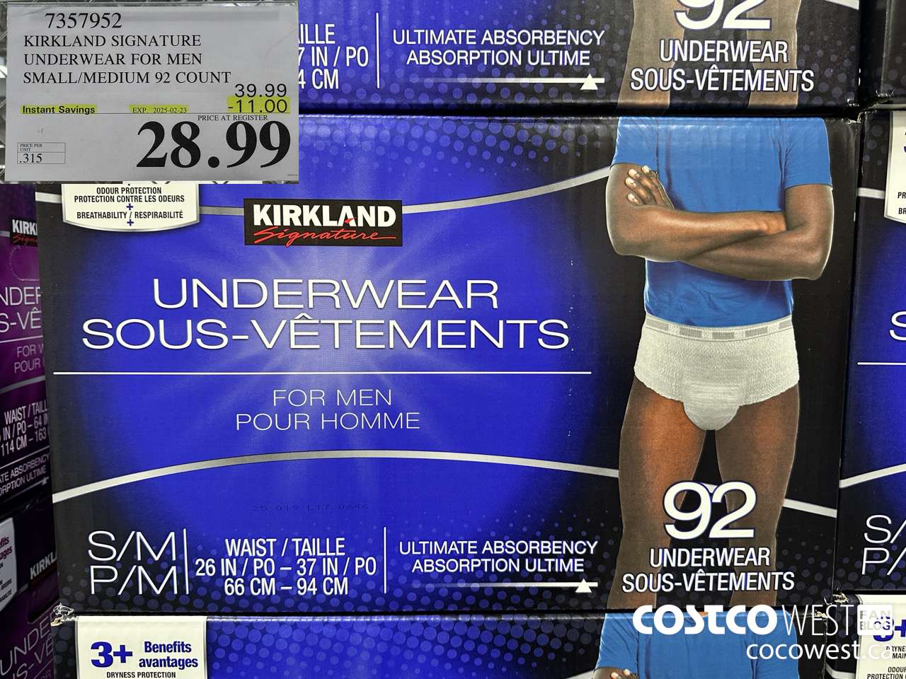 7357952 KIRKLAND SIGNATURE PROTECTIVE UNDERWEAR MEN S/M 92 COUNT ($11.00 INSTANT SAVINGS EXPIRES ON 2025-02-23) $28.99