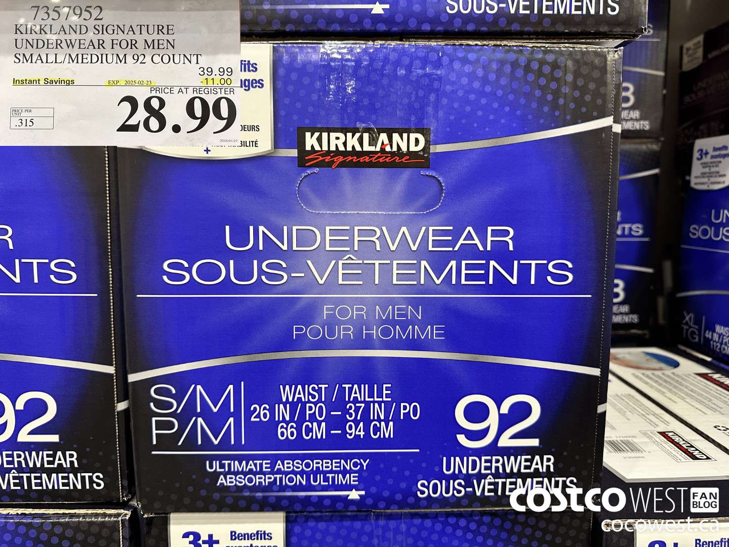 7357952 KIRKLAND SIGNATURE PROTECTIVE UNDERWEAR MEN S/M 92 COUNT ($11.00 INSTANT SAVINGS EXPIRES ON 2025-02-23) $28.99