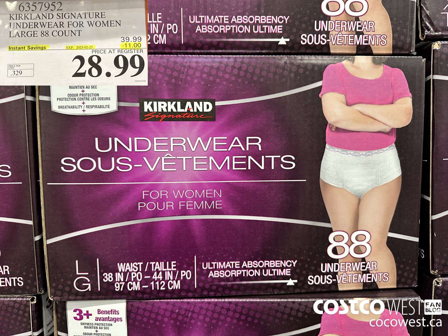 6357952 KIRKLAND SIGNATURE PROTECTIVE UNDERWEAR WOMEN LG 88 COUNT ($11.00 INSTANT SAVINGS EXPIRES ON 2025-02-23) $28.99