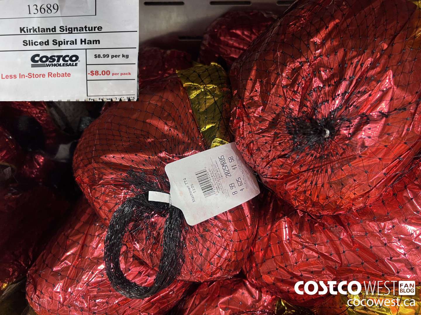 13689 KIRKLAND SIGNATURE SLICED SPIRAL HAM PRICE PER KG ($8.00 INSTANT SAVINGS) $8.99