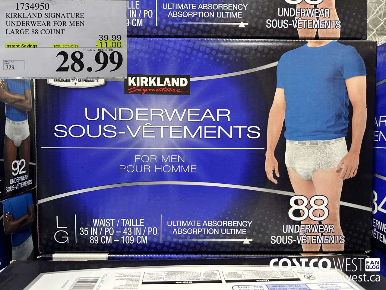 1734950 KIRKLAND SIGNATURE UNDERWEAR FOR MEN LARGE 88 COUNT ($11.00 INSTANT SAVINGS EXPIRES ON 2025-02-23) $28.99