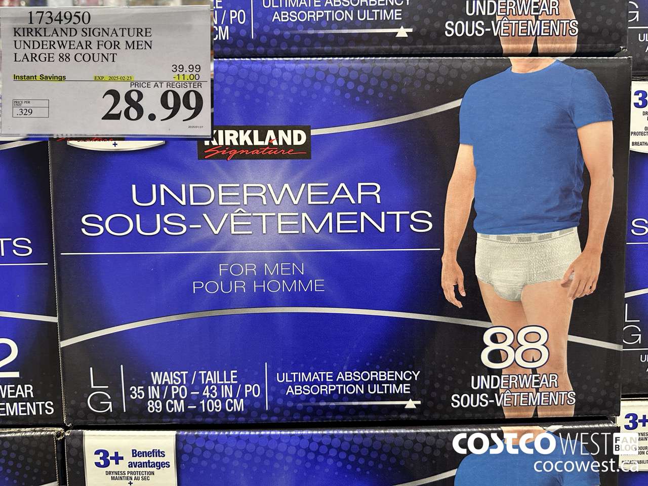 1734950 KIRKLAND SIGNATURE UNDERWEAR FOR MEN LARGE 88 COUNT ($11.00 INSTANT SAVINGS EXPIRES ON 2025-02-23) $28.99