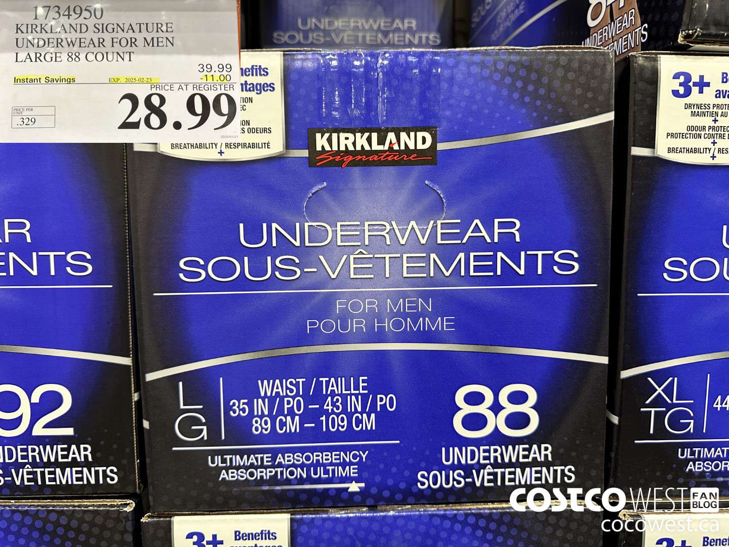 1734950 KIRKLAND SIGNATURE UNDERWEAR FOR MEN LARGE 88 COUNT ($11.00 INSTANT SAVINGS EXPIRES ON 2025-02-23) $28.99