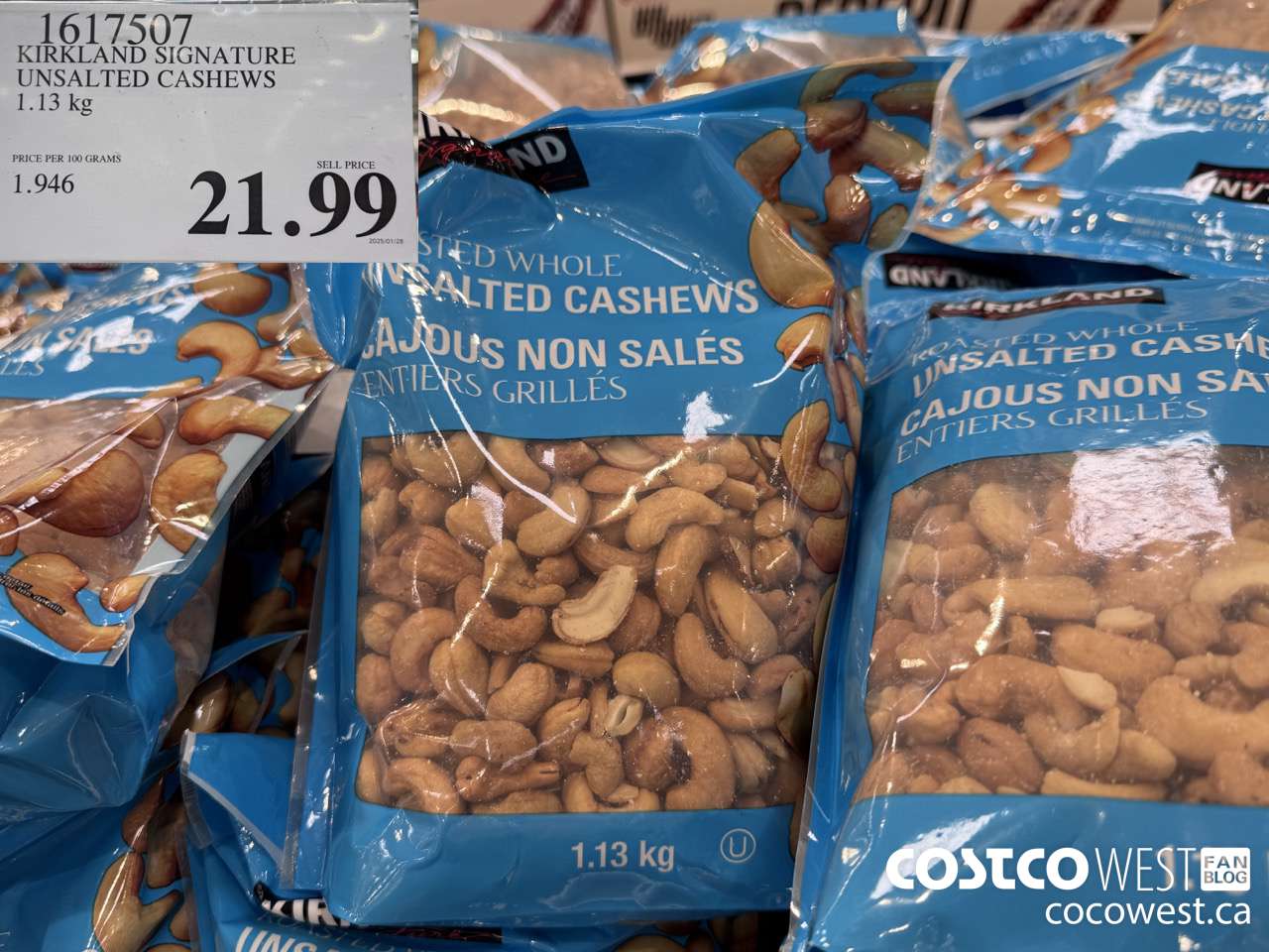 1617507 KIRKLAND SIGNATURE UNSALTED CASHEWS 1.13KG $21.99