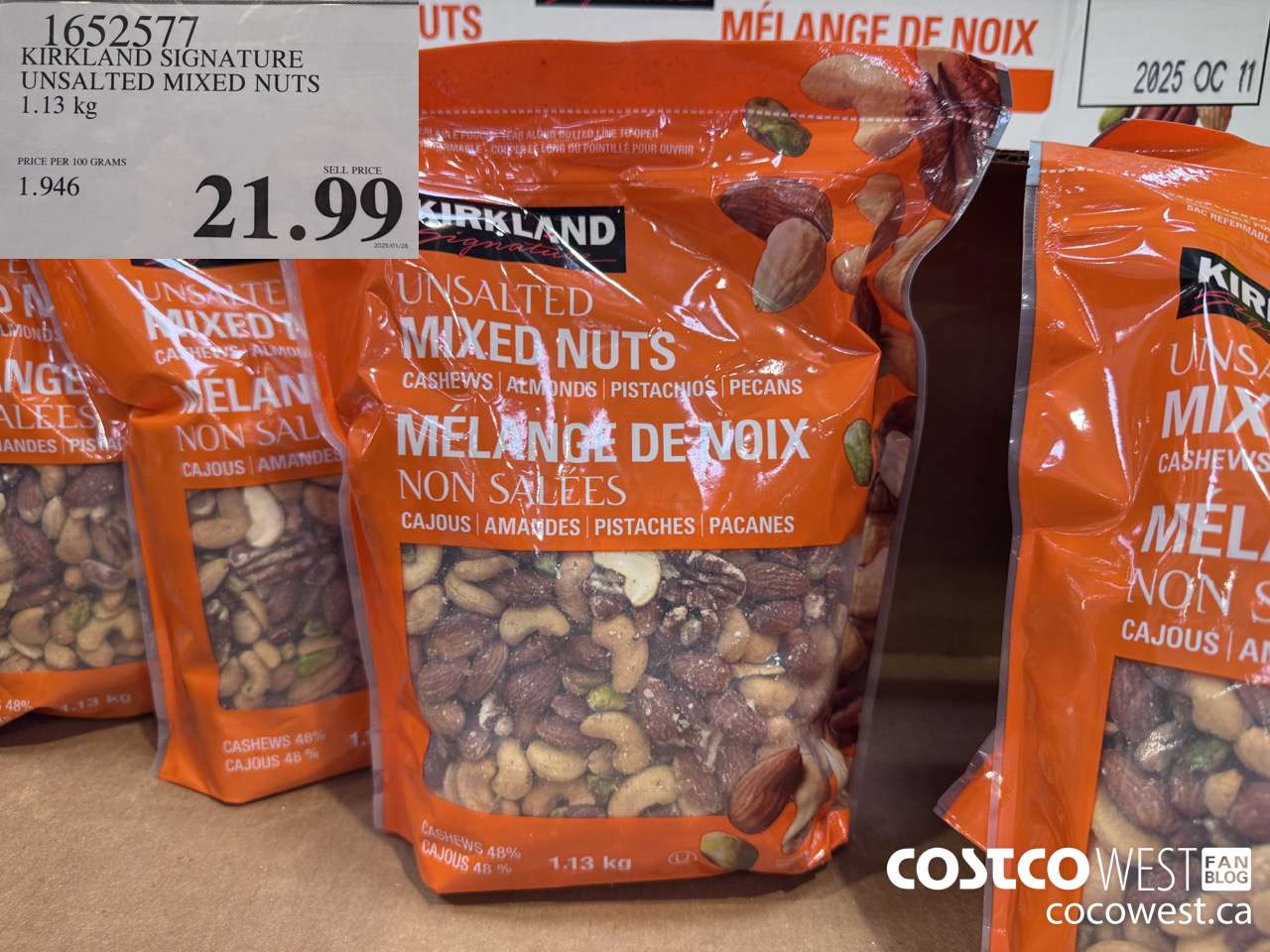 1652577 KIRKLAND SIGNATURE UNSALTED MIXED NUTS 1.13KG $21.99