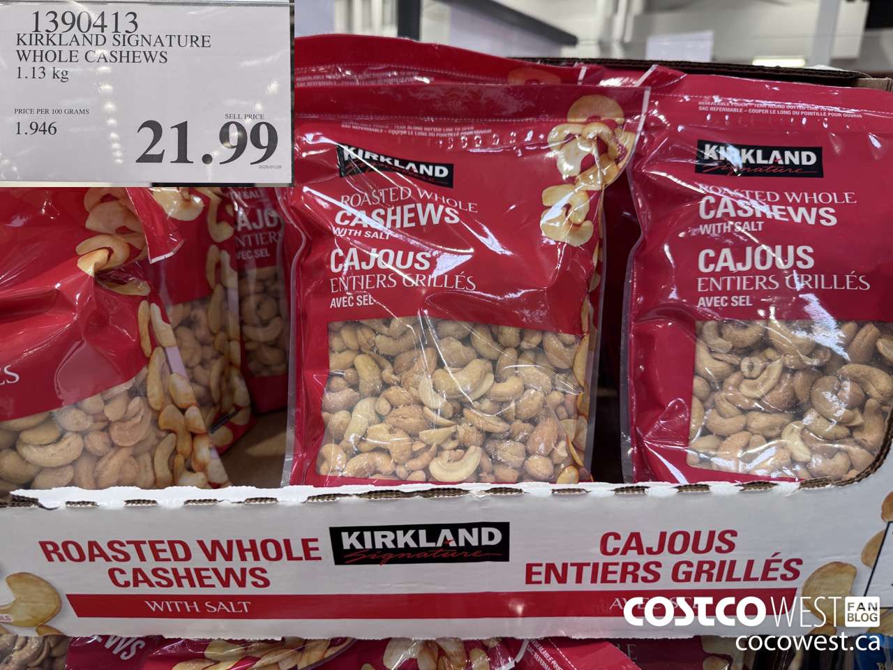 1390413 KIRKLAND SIGNATURE WHOLE CASHEWS 1.13 KG $21.99