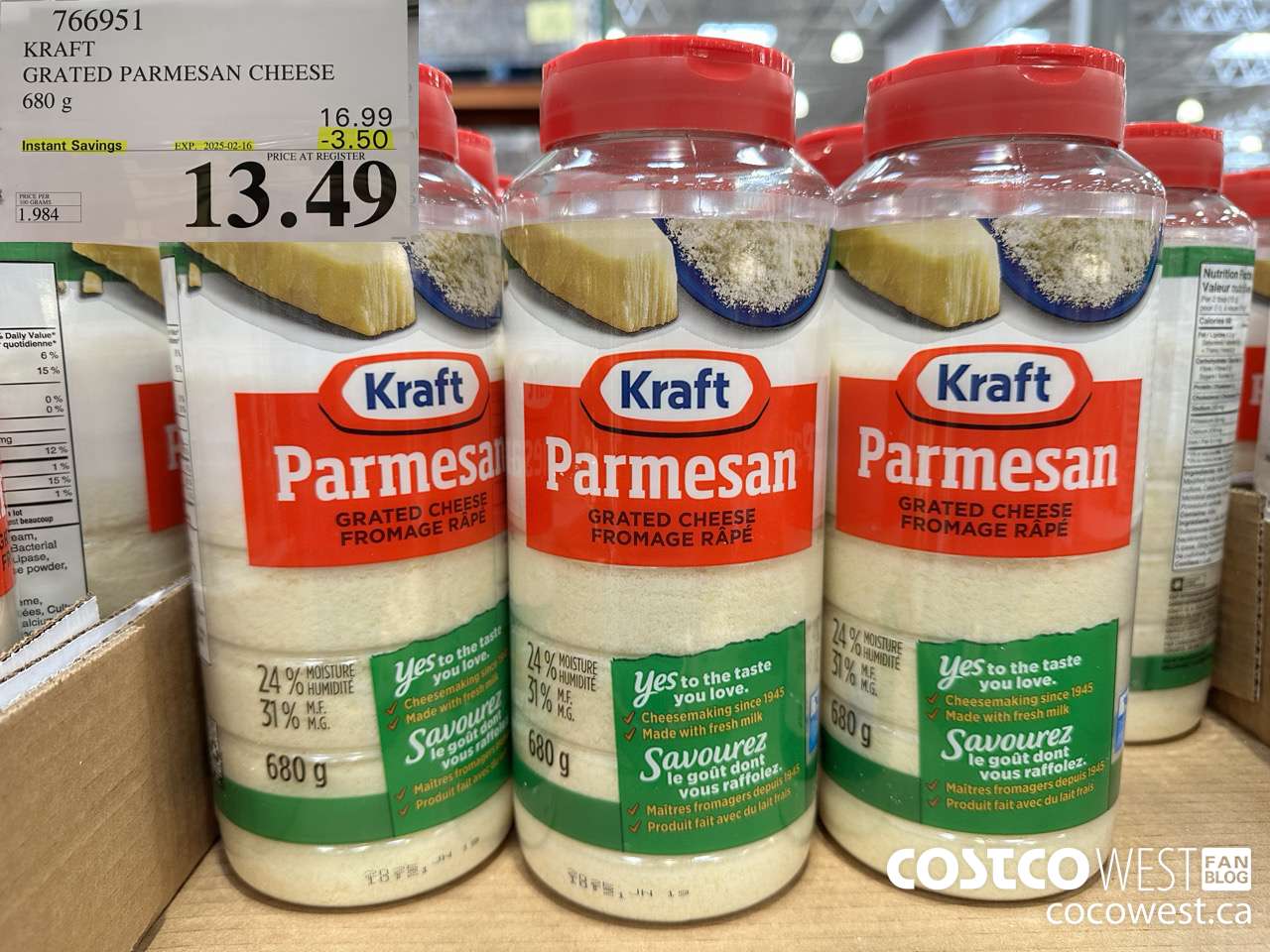 766951 KRAFT PARMESAN CHEESE 680 g ($3.50 INSTANT SAVINGS EXPIRES ON 2025-02-16) $13.49