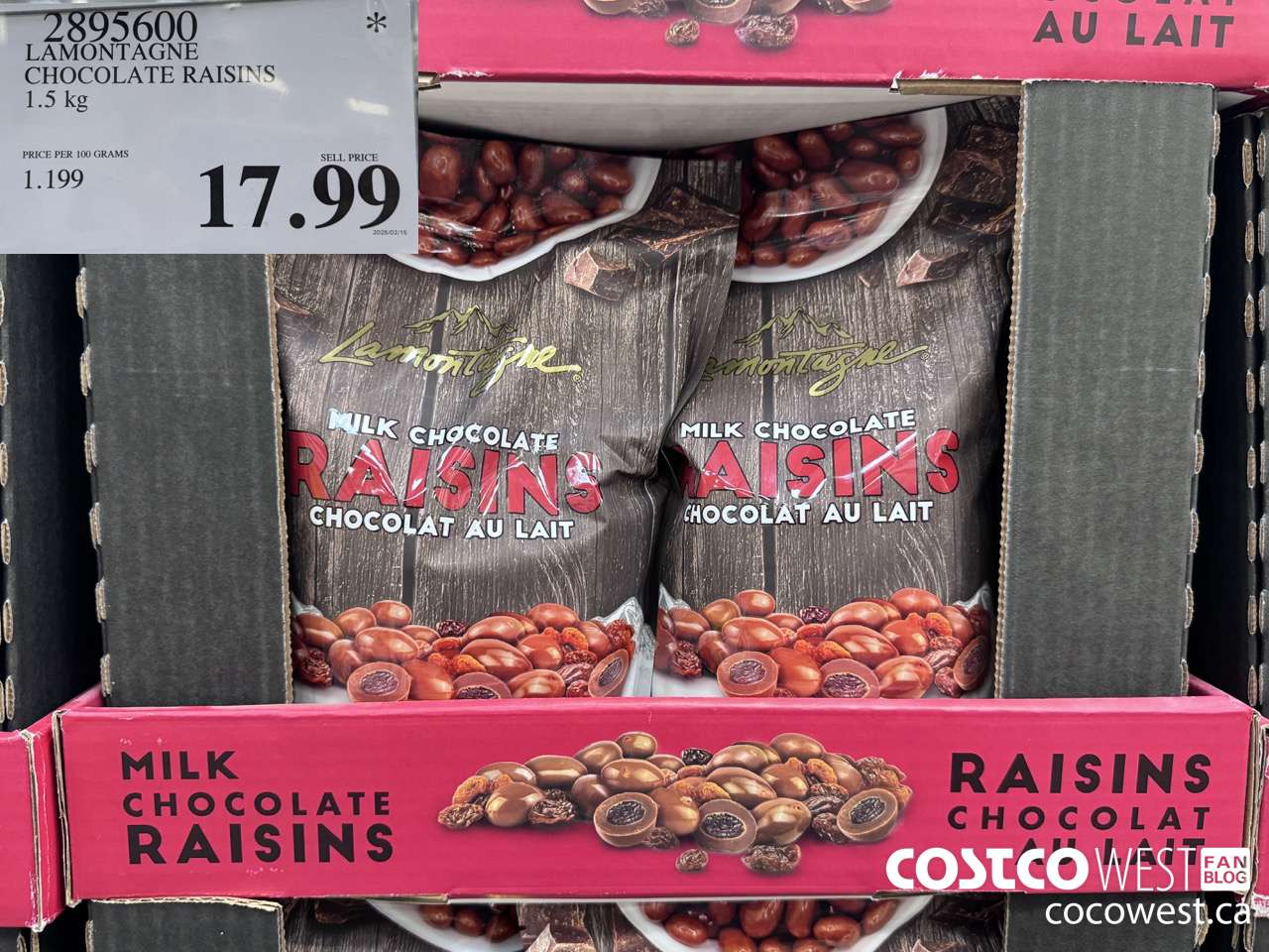 2895600 LAMONTAGNE CHOCOLATE RAISINS 1.5KG $17.99
