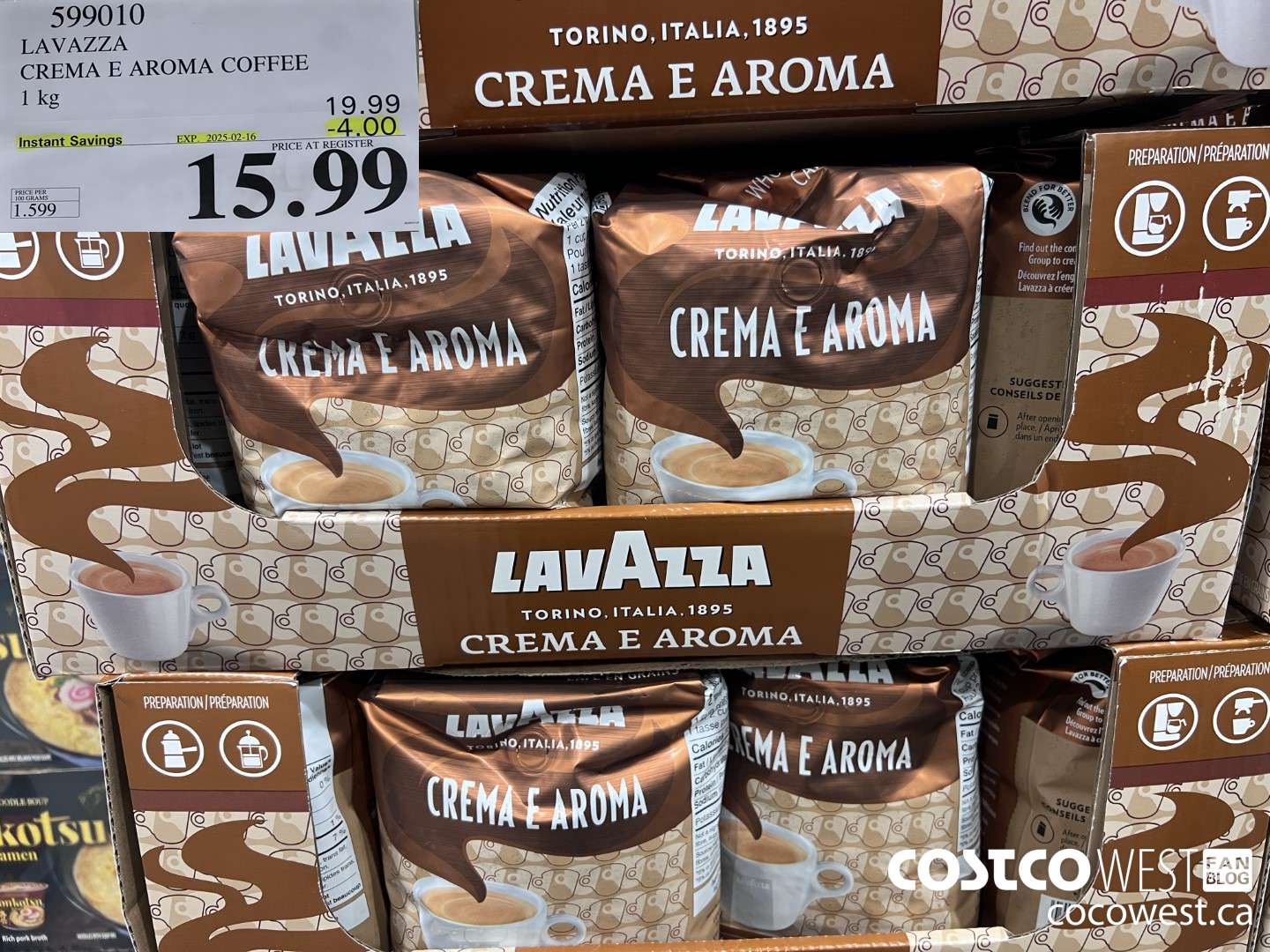 599010 LAVAZZA CREMA & AROMA COFFEE 1KG ($4.00 INSTANT SAVINGS EXPIRES ON 2025-02-16) $15.99