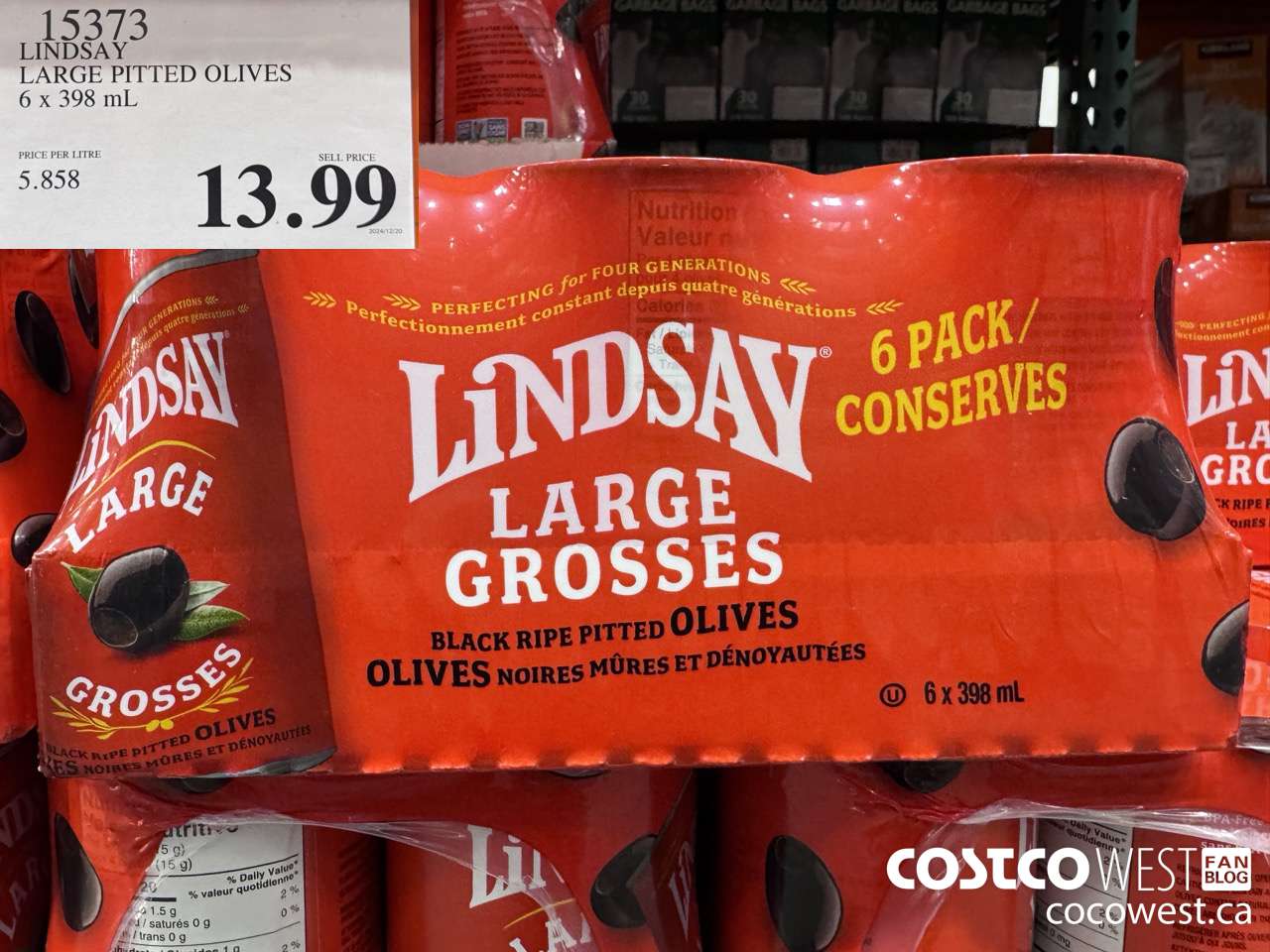 15373 LINDSAY PITTED OLIVES 6 x 398 mL $13.99