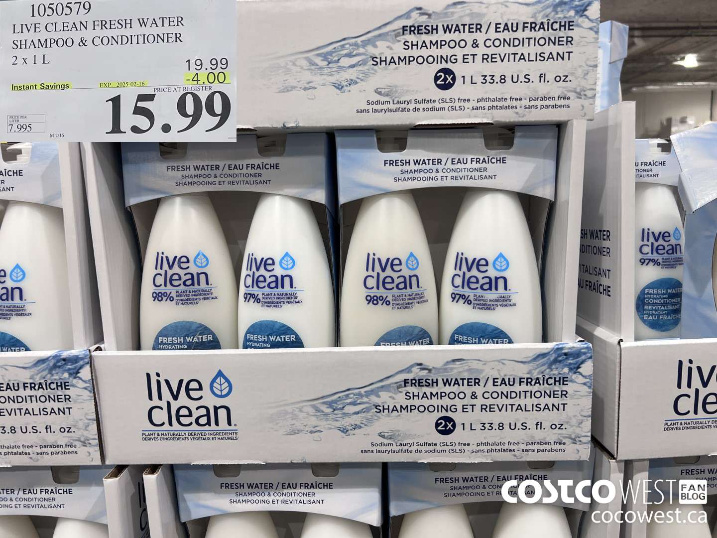 1050579 LIVE CLEAN FRESH WATER SHAMPOO & CONDITIONER 2 X 1L ($4.00 INSTANT SAVINGS EXPIRES ON 2025-02-16) $15.99
