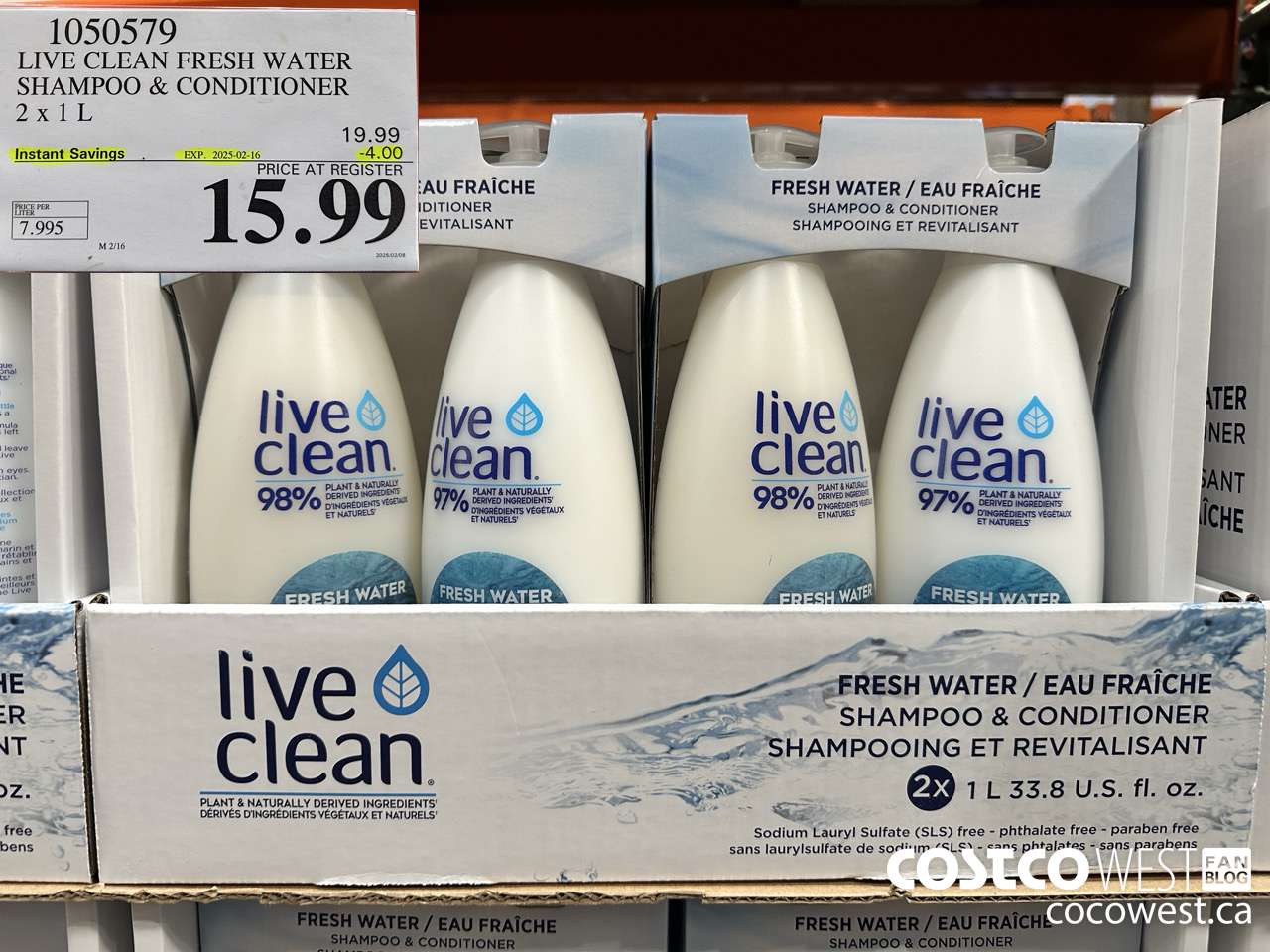 1050579 LIVE CLEAN FRESH WATER SHAMPOO & CONDITIONER 2 X 1L ($4.00 INSTANT SAVINGS EXPIRES ON 2025-02-16) $15.99