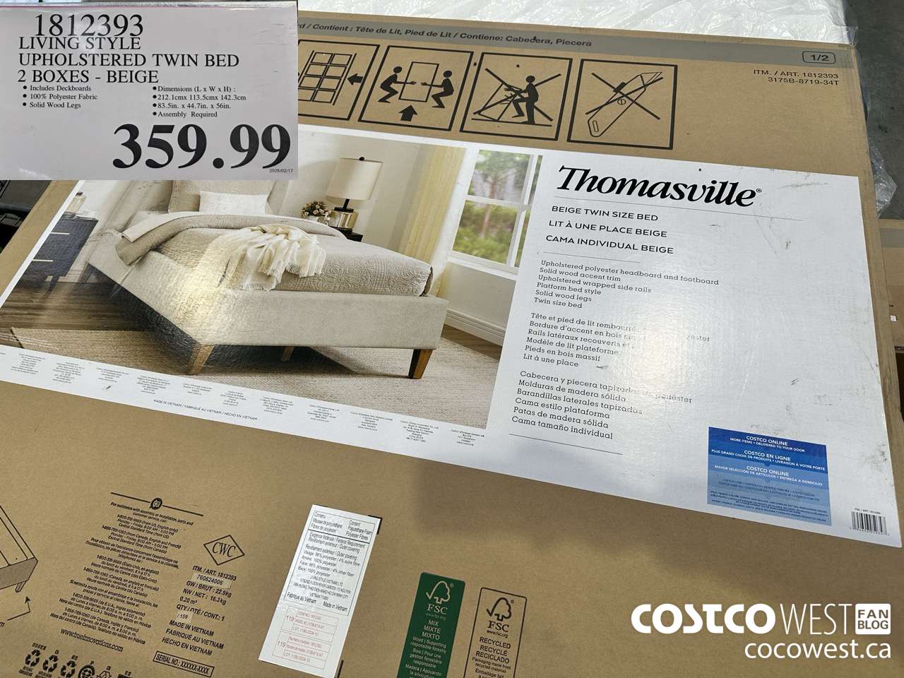 1812393 LIVING STYLE UPHOLSTERED TWIN BED 2 BOXES BEIGE $359.99