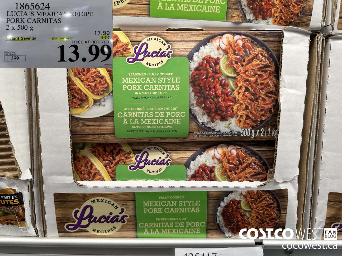 1865624 LUCIA'S MEXICAN RECIPE PORK CARNITAS 2 X 500G ($4.00 INSTANT SAVINGS EXPIRES ON 2025-02-23) $13.99