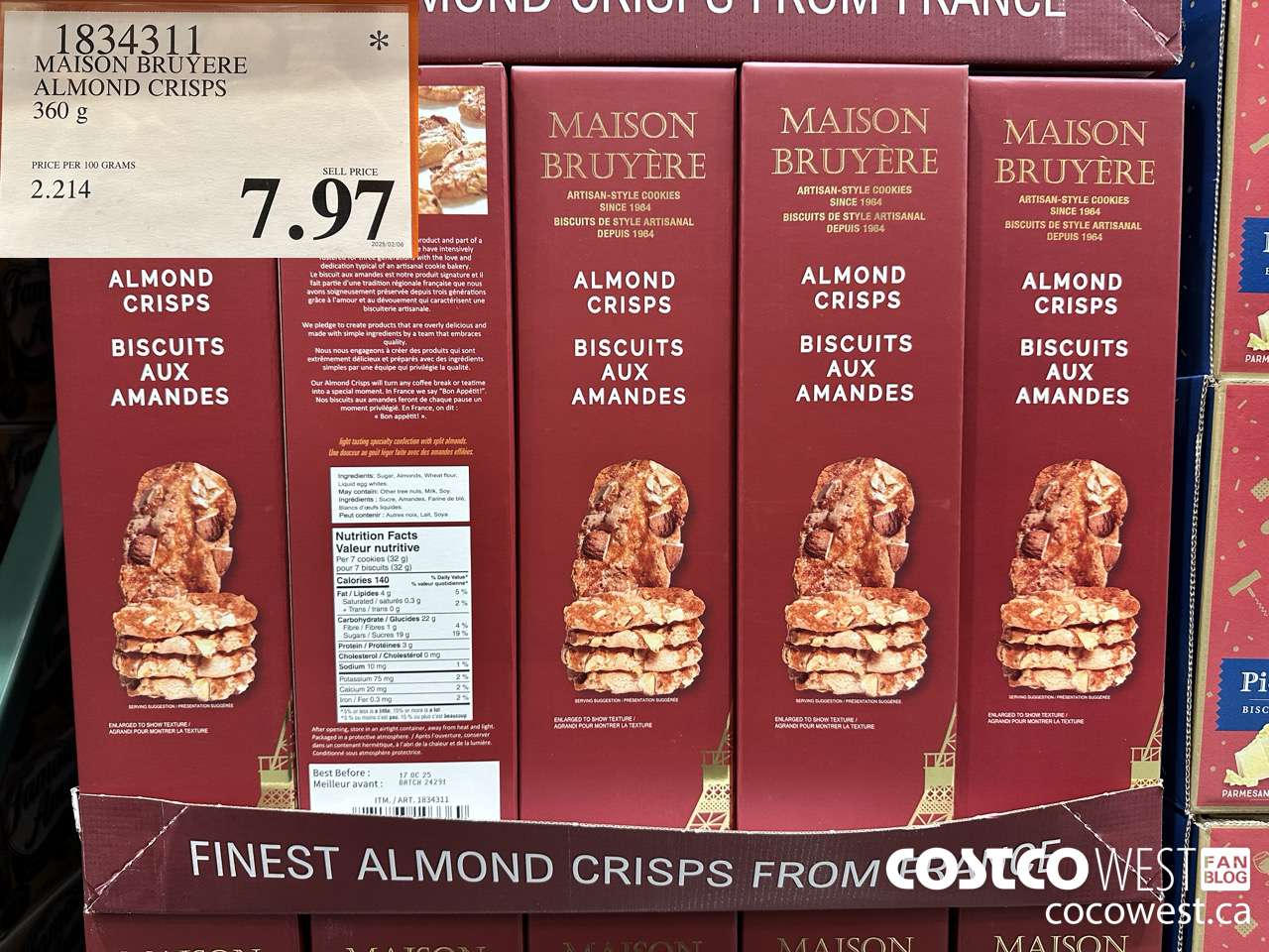 1834311 MAISON BRUYERE ALMOND CRISPS 360G $7.97