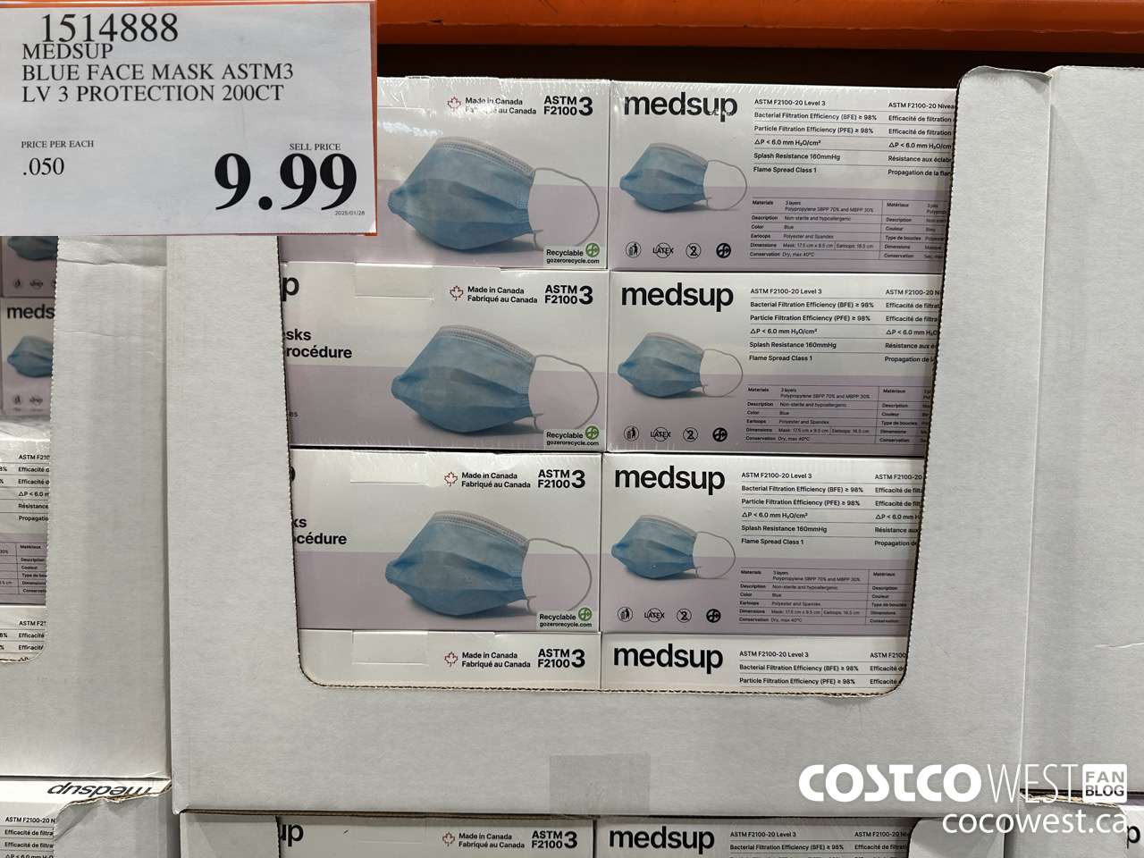 1514888 MEDSUP BLUE FACE MASK ASTM3 LV 3 PROTECTION 200CT $9.99