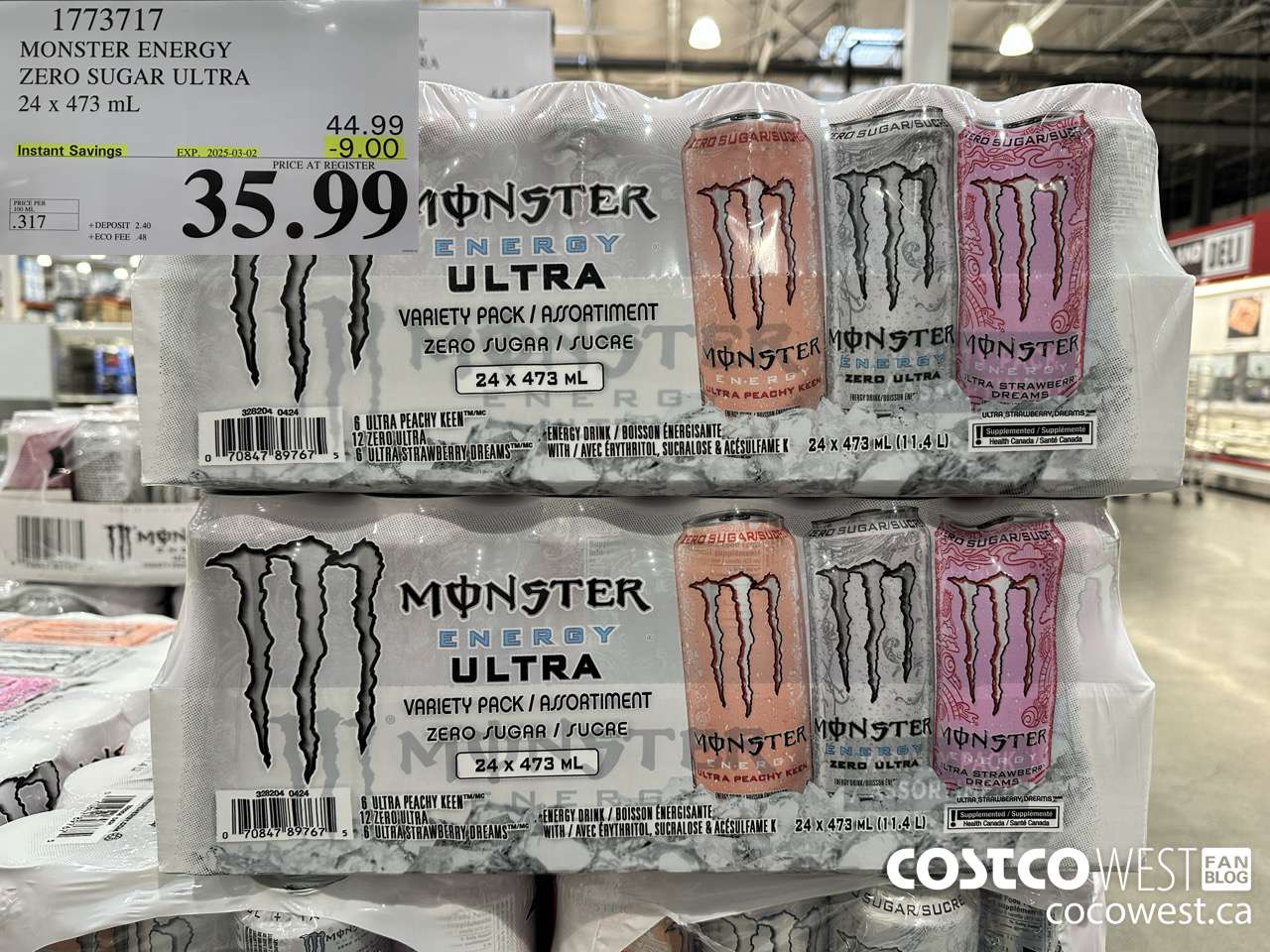 1773717 MONSTER ENERGY ZERO SUGAR ULTRA 94 x 473 mL ($9.00 INSTANT SAVINGS EXPIRES ON 2025-03-02) $35.99