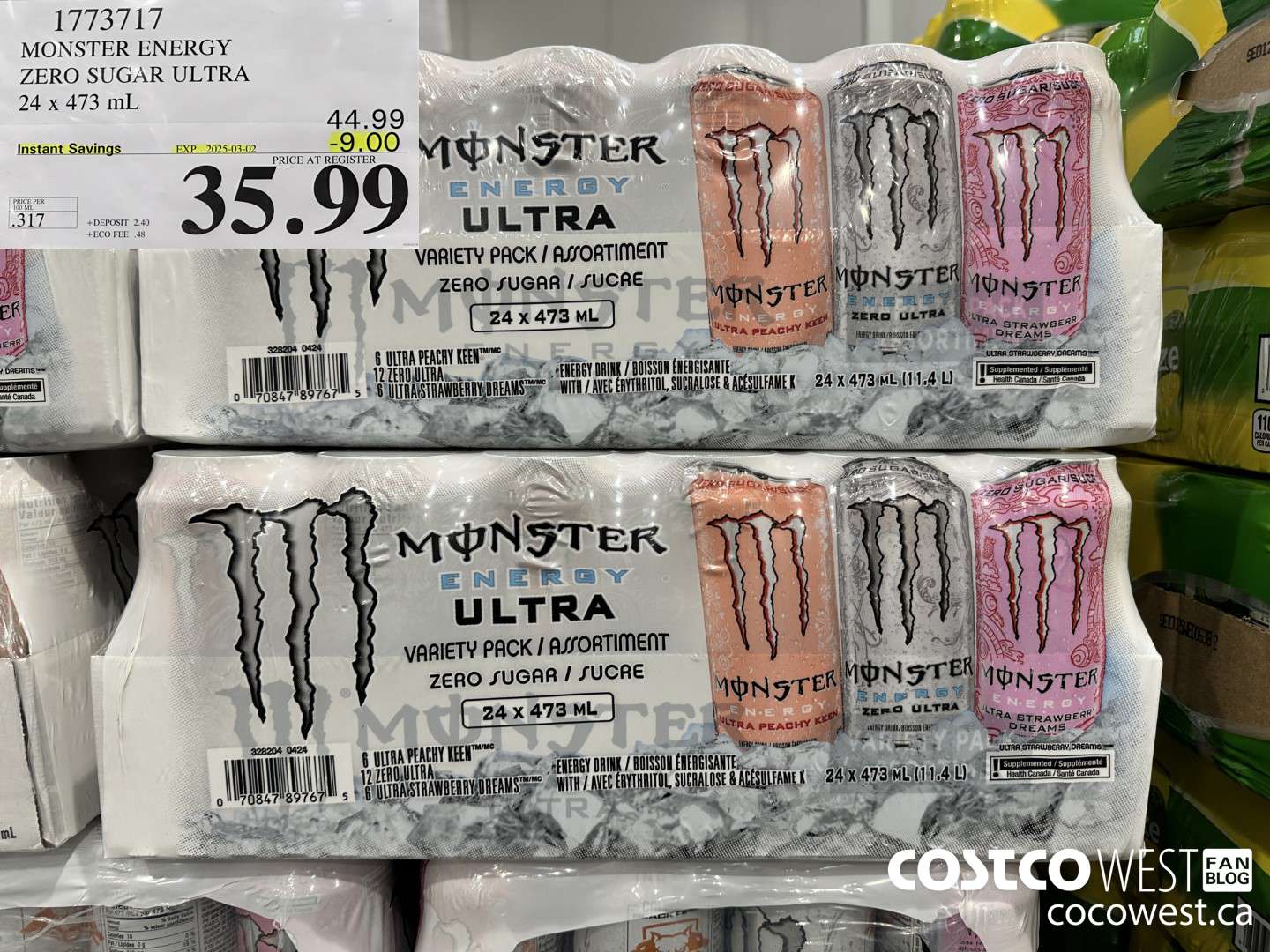 1773717 MONSTER ENERGY ZERO SUGAR ULTRA 94 x 473 mL ($9.00 INSTANT SAVINGS EXPIRES ON 2025-03-02) $35.99