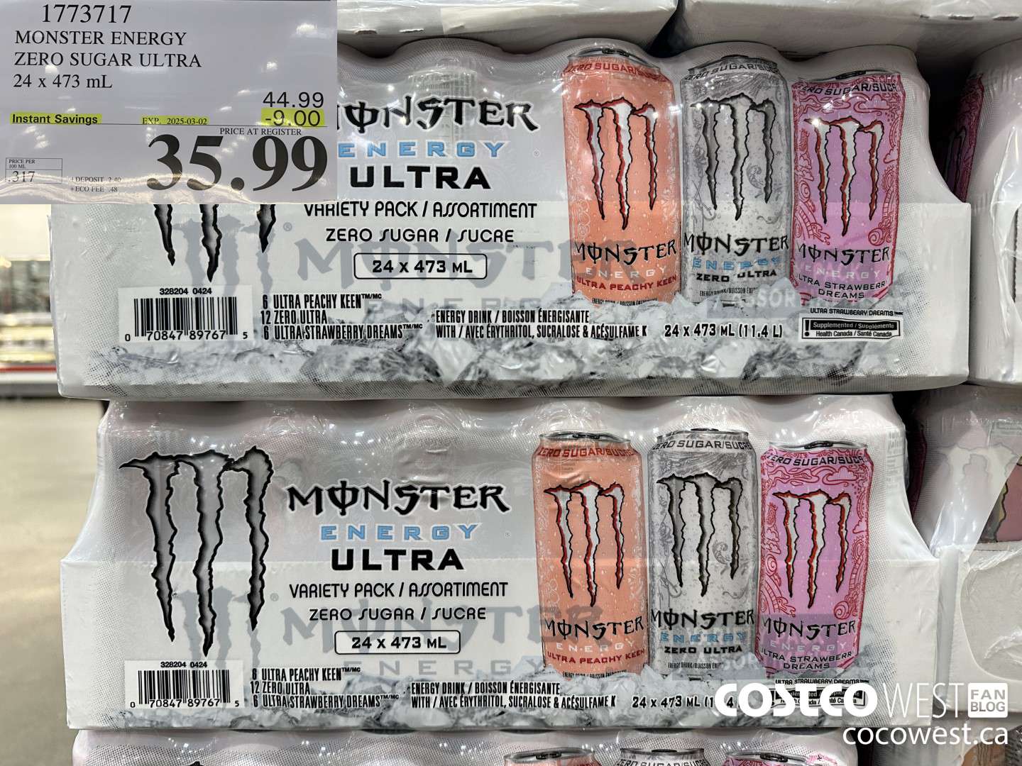 1773717 MONSTER ENERGY ZERO SUGAR ULTRA 94 x 473 mL ($9.00 INSTANT SAVINGS EXPIRES ON 2025-03-02) $35.99