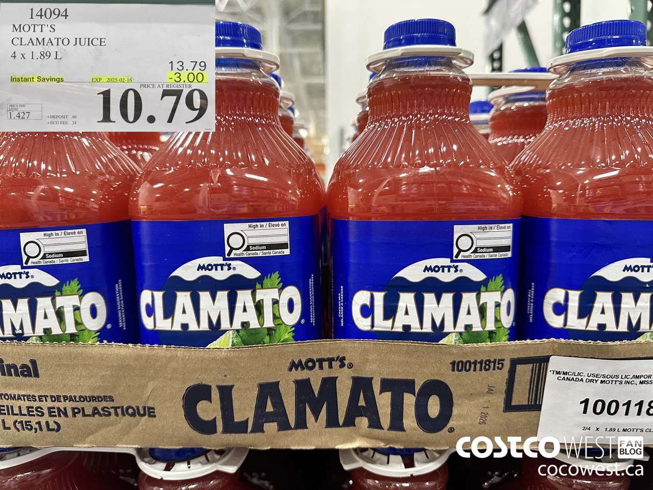 14094 MOTTS CLAMATO JUICE 4 X 1.89 L ($3.00 INSTANT SAVINGS EXPIRES ON 2025-02-16) $10.79