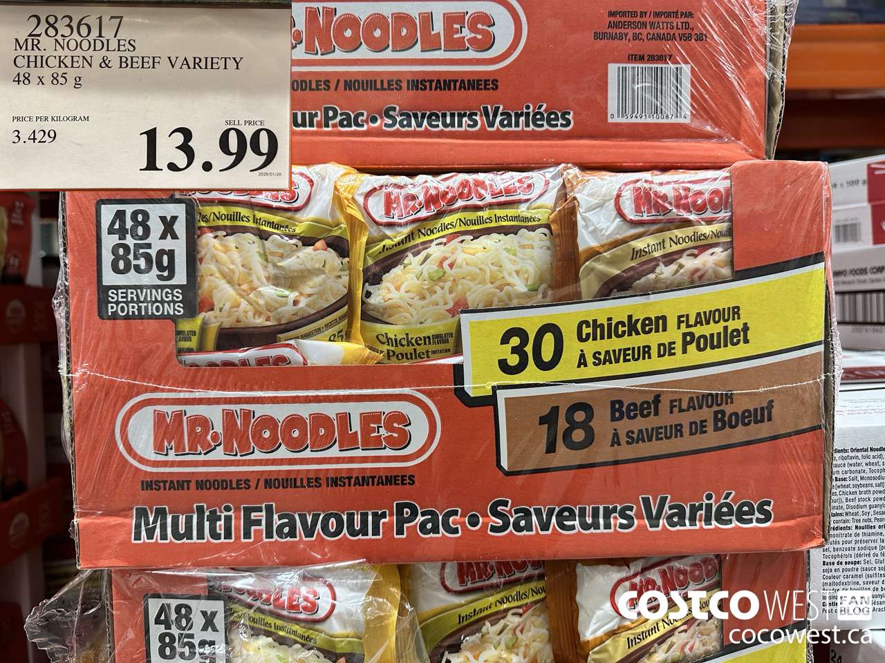 283617 MR. NOODLES CHICKEN & BEEF VARIETY 48 X 85G $13.99