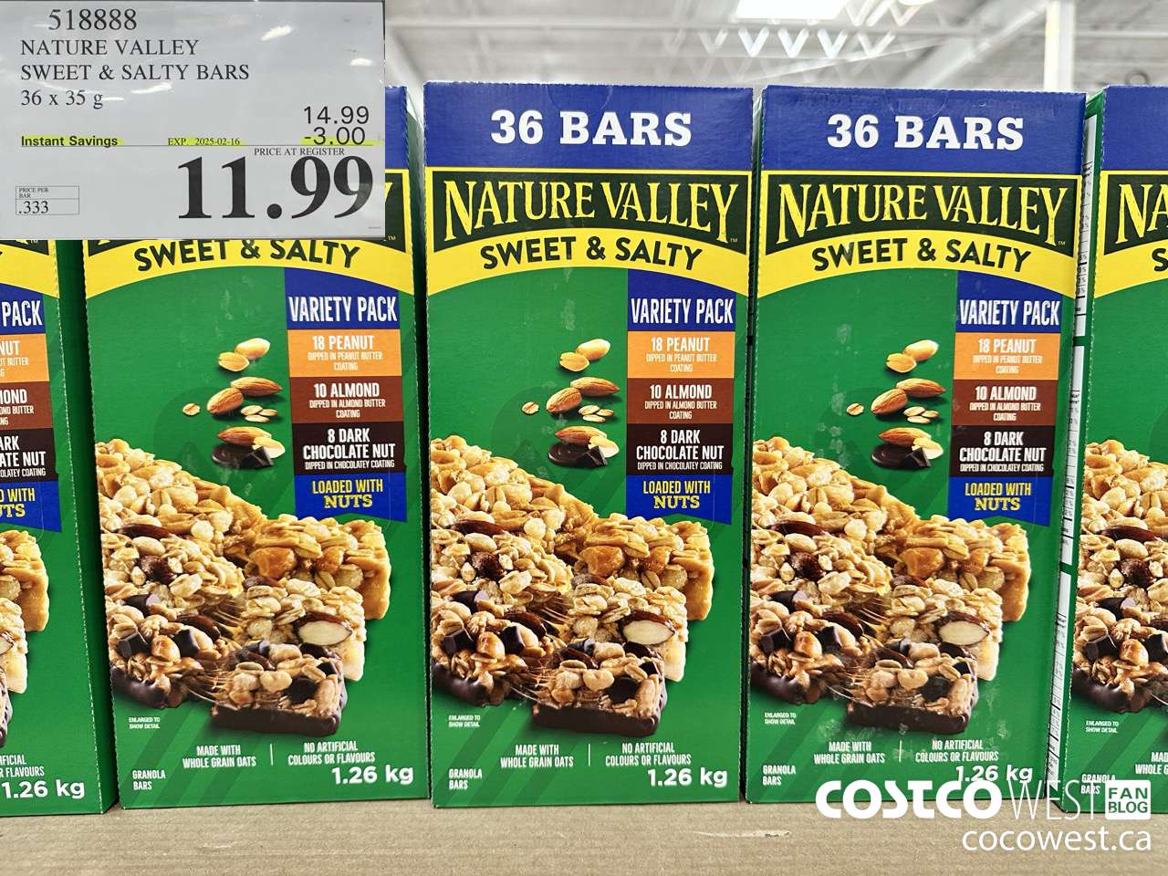 518888 NATURE VALLEY SWEET & SALTY BARS 36 X 35 G ($3.00 INSTANT SAVINGS EXPIRES ON 2025-02-16) $11.99