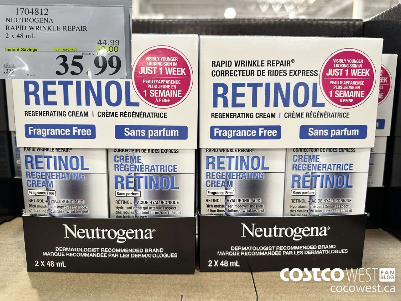 1704812 NEUTROGENA RAPID WRINKLE REPAIR 2 X 48ML ($9.00 INSTANT SAVINGS EXPIRES ON 2025-02-16) $35.99