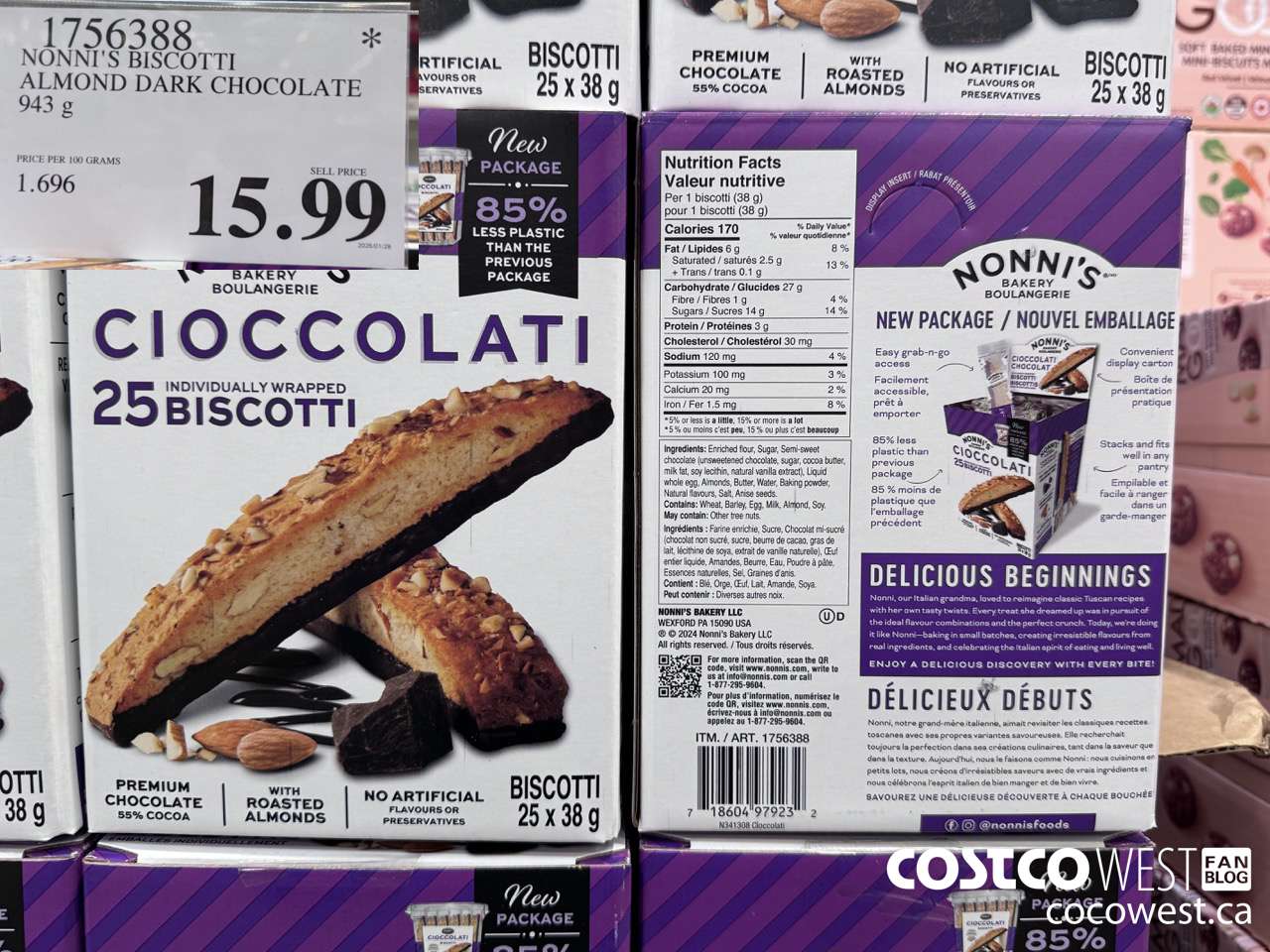 1756388 NONNI'S BISCOTTI ALMOND DARK CHOCOLATE 943 G $15.99